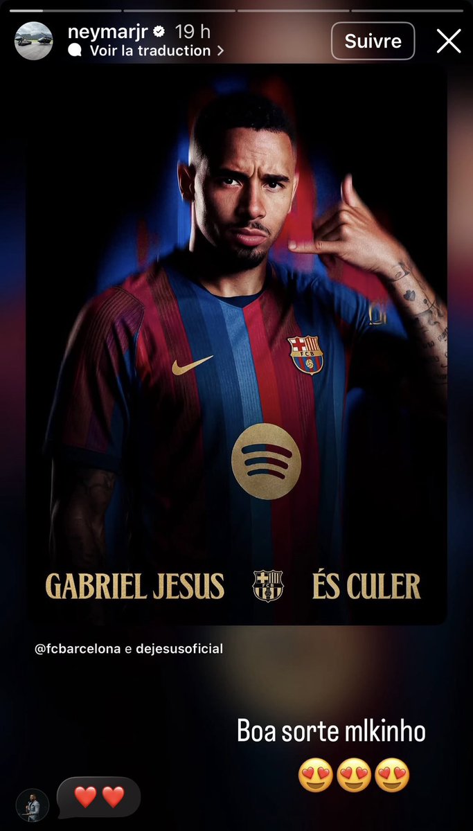 ActuFoot_'s tweet photo. « Bonne chance, mon gars 😍 »

Neymar 🇧🇷 sur l’arrivée de Gabriel Jesus 🇧🇷 au Barça. 💙❤️

📲 Instagram https://t.co/7TITltHHhm