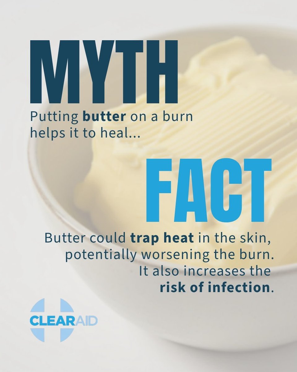 ClearAid's tweet photo. Have you heard of any home remedies for burns? We have… Butter, Honey, Toothpaste and many more. Please don’t do that 😅. Have a look at our post to see the correct method. #burns #firstaid #training #reviews #fire https://t.co/gGYDI0oYe1