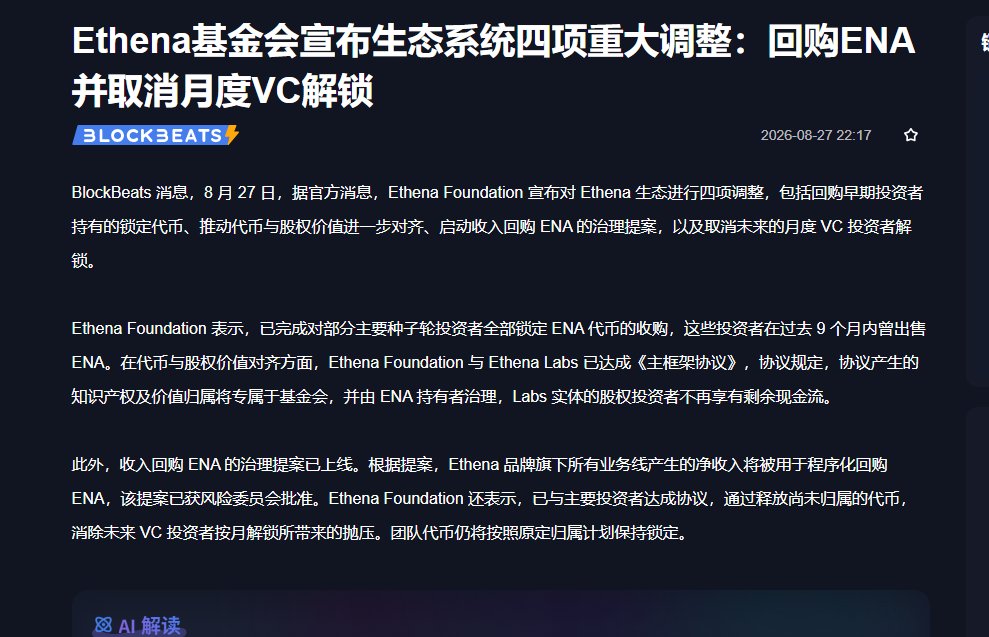 Qwuejv's tweet photo. ena最近在走独立行情，难道大的要来了？

ENA，协议还行，币刚整容，涨不涨看稳定币能不能做大。

现在大约 $0.16，市值 150 亿出头。从 $1.52 高点跌了九成，但从 6 月底 $0.07 已经翻倍还多。近一个月涨了七成，消息已经吃掉一大截。
它靠什么活
Ethena 做合成美元 USDe。现在锁了大概 46 亿美金，年化费用看着有 3 亿，但真正留给协议的钱只有大约 500 万。大头收益给了存 USDe 的人，以前 ENA 基本分不到钱。

8 月 27 日改了四件事，核心就两条
以后不再每个月给 VC 解锁定时砸盘，剩余投资人仓位 10 月 5 日一次性放完。

准备用协议收入回购 ENA，但有门槛：USDe 先做到约 75 亿 才会开始认真买。现在 USDe 大概 40 多亿，离开关还差一轮增长。
好消息
抛压结构干���了，价值和股权开始对齐，币不再只是空气治理票。

坏消息
回购还没开始；10 月 5 日还有一笔大约 14 亿枚 的集中解锁；协议现在赚的钱撑不起这个市值。

就看两件事
10 月那波解锁有没有人接

USDe 会不会重新往 75 亿走
接得住、稳定币再扩张，才有下一波。接不住、规模横着，这波反弹就是消息行情。