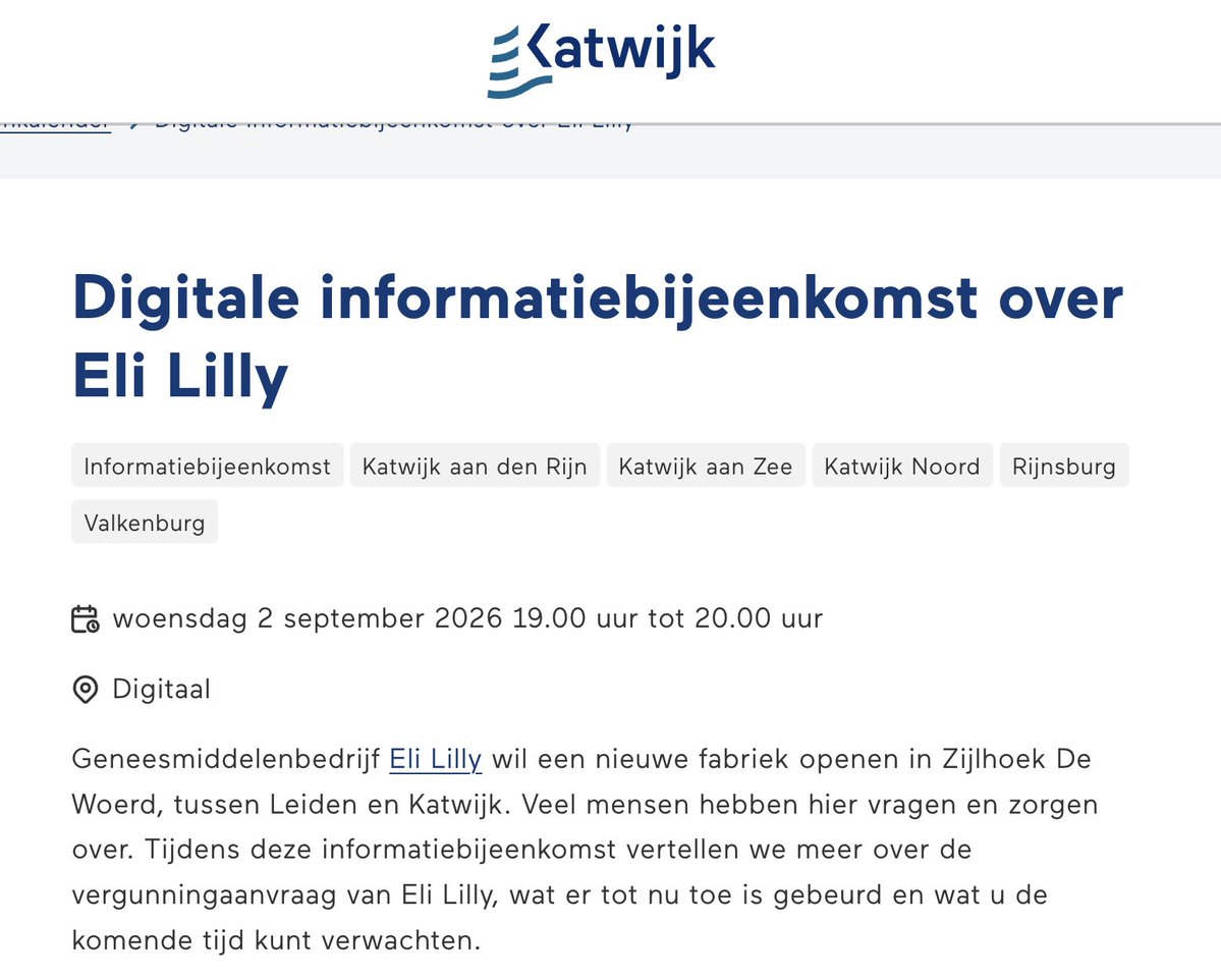 Djuggling's tweet photo. Openbare Digitale Bijeenkomst over Eli Lilly

Vanavond om 19:00 is er een digitale 'bijeenkomst over de geplande maar ongewenste komst van het farmaceutische moloch Eli Lilly.

Het YouTube kanaal van Gemeente Katwijk is https://t.co/6uD6Q6Nsu9 
De vraag of de bijeenkomst daar te volgen is, of via een speciale link, ligt momenteel bij de @gemeentekatwijk. 

De fabriek dreigt in Katwijk te worden gebouwd, nabij de grens met het Bio Science Park van Leiden en vrijwel aan het recreatiegebied Valkenburgse Meer. De vrees is dat het gebied, net als Living Lab Eendragtspolder, gebruikt zal worden voor het kweken van en experimenteren met muggen. Eli Lilly heeft onlangs vier vaccinatie bedrijven gekocht. Eén ervan, Vaxine Company, experimenteert met Dengue, Zika en West-Nijl virusen, die zich via muggen verspreiden.

Vragen mogen schriftelijk gesteld worden. Ik zou zeggen: komt allen!

(Links in de volgende drie reacties 👇)