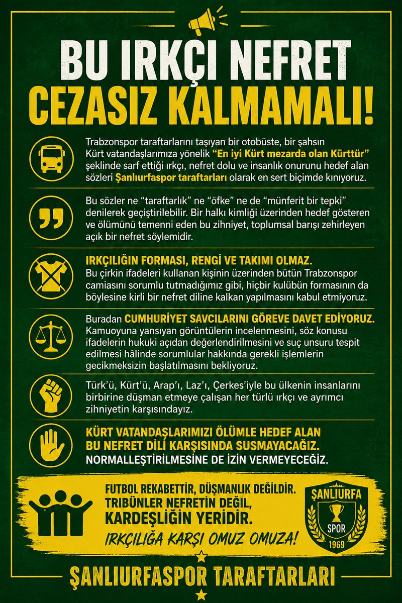 Urfaspor's tweet photo. Bu videoda yer alan ırkçılık ve nefret dilini LANETLİYORUZ! 

Bir halkın ölümünü istemek insanlığın bittiği yerdir. 

Şanlıurfaspor taraftarları olarak Cumhuriyet savcılarını bu nefret dili karşısında göreve davet ediyoruz. @abakingurlek @adalet_bakanlik https://t.co/O5Ona6f9sC