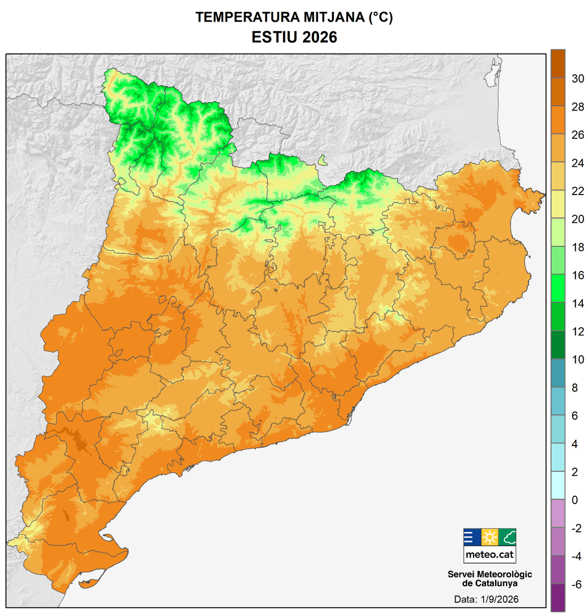 meteocat's tweet photo. 🏔️ Les anomalies de temperatura més elevades, d’entre +4,0 °C i +4,5 °C, s’han localitzat al Pirineu Occidental, la plana de Vic i diversos punts de l’interior.

El rècord, a més, ha estat generalitzat. https://t.co/Z6flX41R0m
