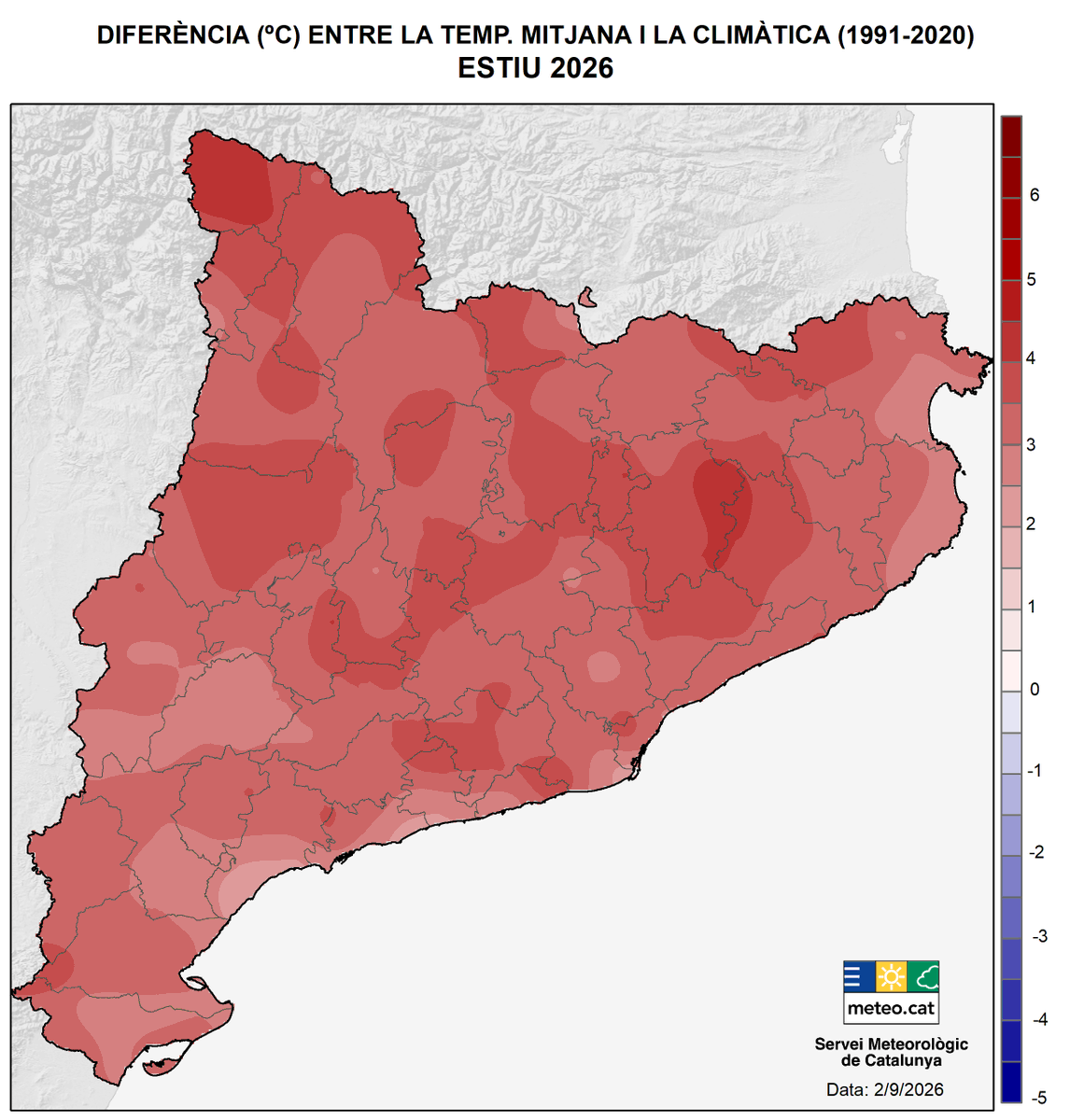 meteocat's tweet photo. 🏔️ Les anomalies de temperatura més elevades, d’entre +4,0 °C i +4,5 °C, s’han localitzat al Pirineu Occidental, la plana de Vic i diversos punts de l’interior.

El rècord, a més, ha estat generalitzat. https://t.co/Z6flX41R0m