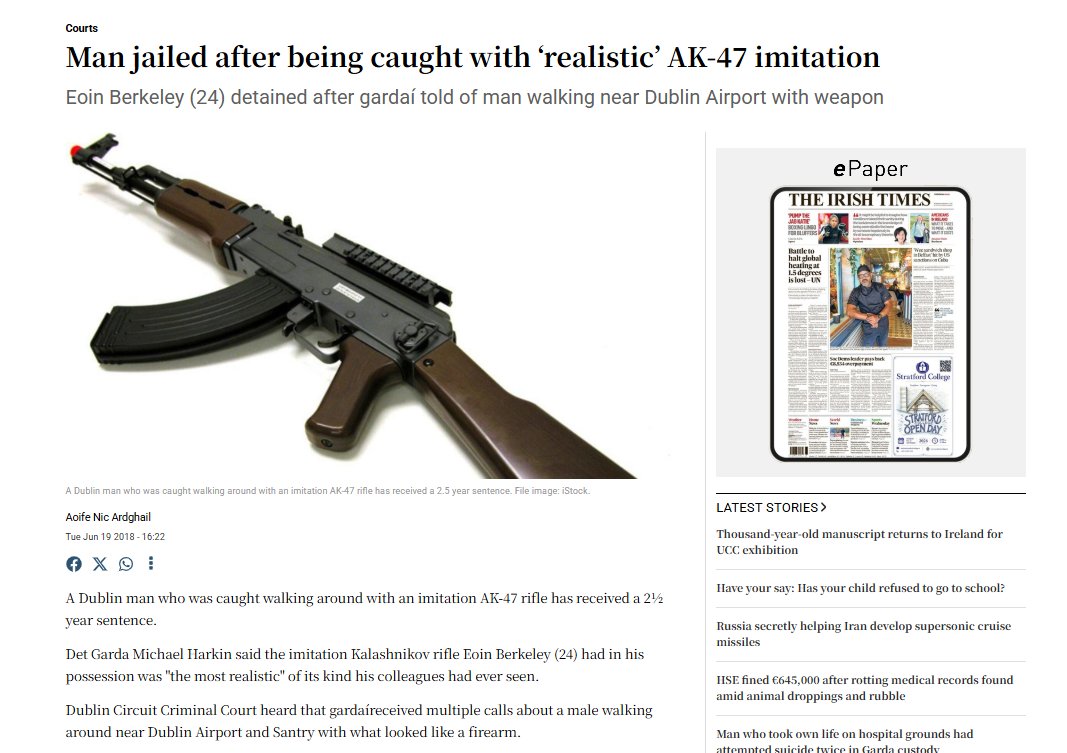 WatchdogTh96012's tweet photo. An Irishman caught with a "Fake" Firearm was given a 2 1/2 year sentence in 2018. https://t.co/ivqhcI3ZQm