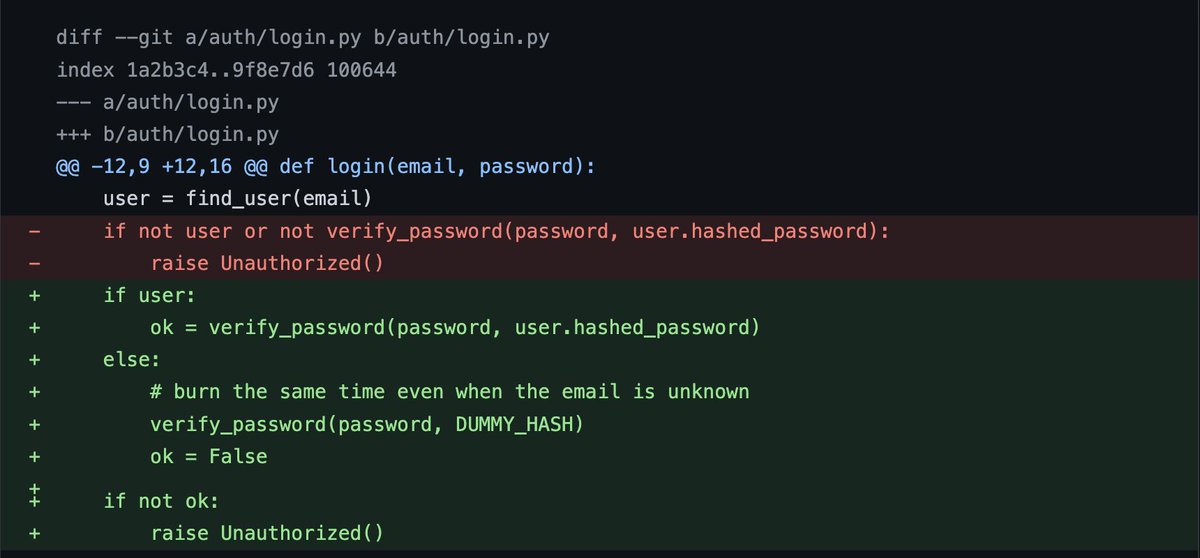 NeuraRod's tweet photo. A small sec fix at Neurotko.

During a routine code review, we found a subtle flaw in  login system: the server answered faster for an unknown email vs wrong password. 

Timing gap could, let attacker work out which email addresses are registered.

#cybersecurity #buildinpublic https://t.co/e5KcOXQJqr