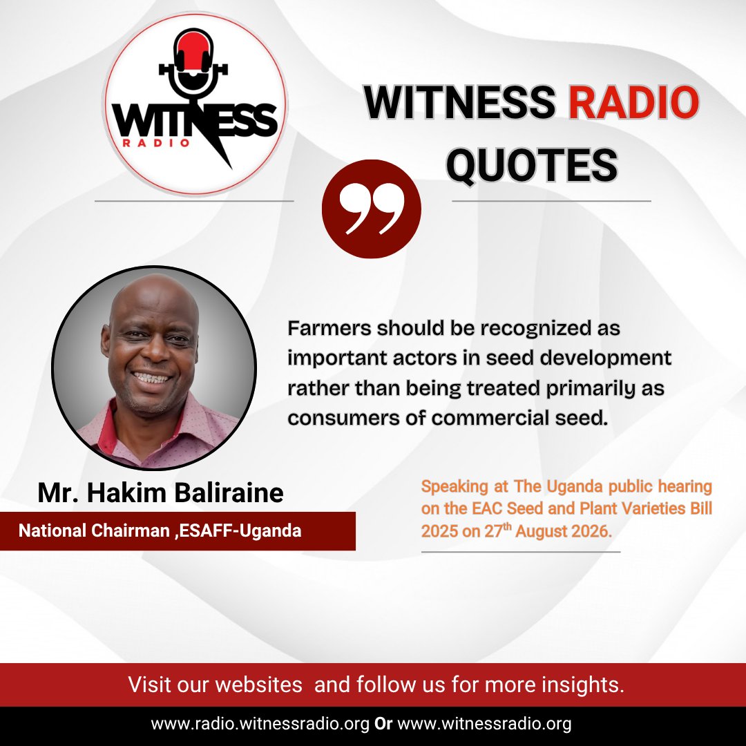 witness_radio's tweet photo. Hakim Baliraine, National Chairman of @ESAFFUG 
 said that farmers should be recognized as important actors in seed development rather than being treated primarily as consumers of commercial seed.Readmore: https://t.co/iZ9aSQAoTs
@ESAFFUG @Afsafrica @Seedsavers_KE 
#EACSeedBill https://t.co/gku2v6wi6F