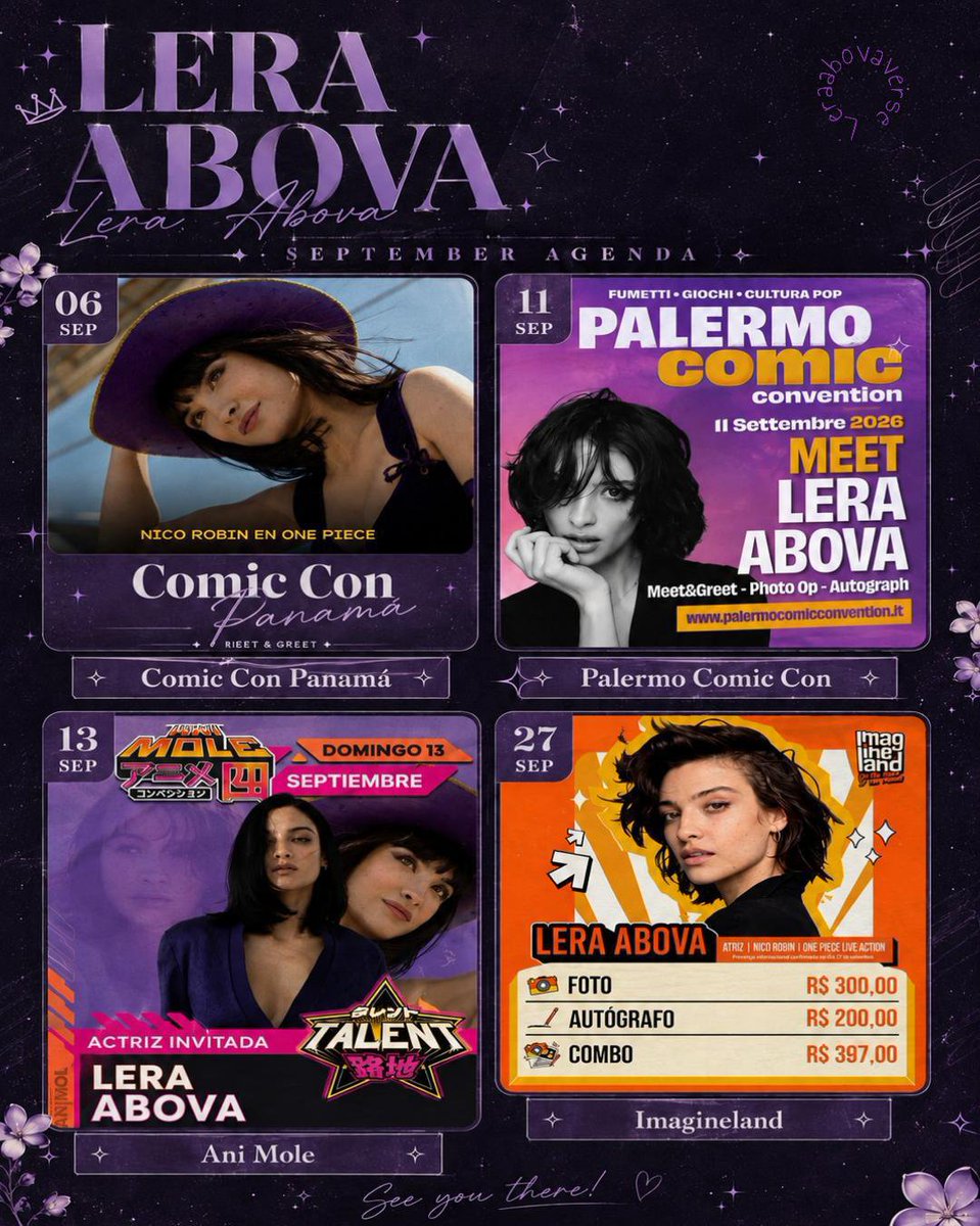 leraabovaverse's tweet photo. September begins, and with it comes the countdown to the four exciting events Lera will be attending this month! ✨
📅 September 6th — Comic Con Panamá 🇵🇦
📅 September 11th — Palermo Comic Con 🇮🇹
📅 September 13th — La Mole Comic Con 🇲🇽
📅 September 27th — Imagineland 🇧🇷 https://t.co/COAEEFcEYO