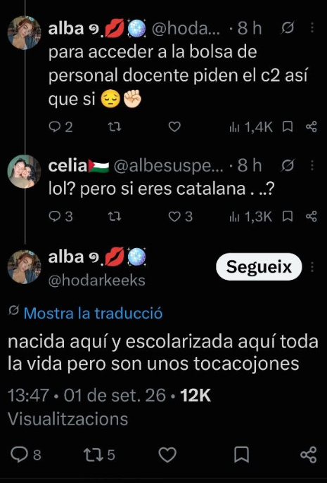 PratsCarles's tweet photo. Això és una noia que es queixa perquè ha suspès el C2, i fixeu-vos què diu: "nacida y escolarizada aquí toda la vida pero SON unos tocacojones". I qui és aquest "SON"? Nosaltres, els catalans.  

No digueu més que qualsevol que viu a Catalunya és català.

https://t.co/dNwBiXiIA2 https://t.co/BSrULwdpGy