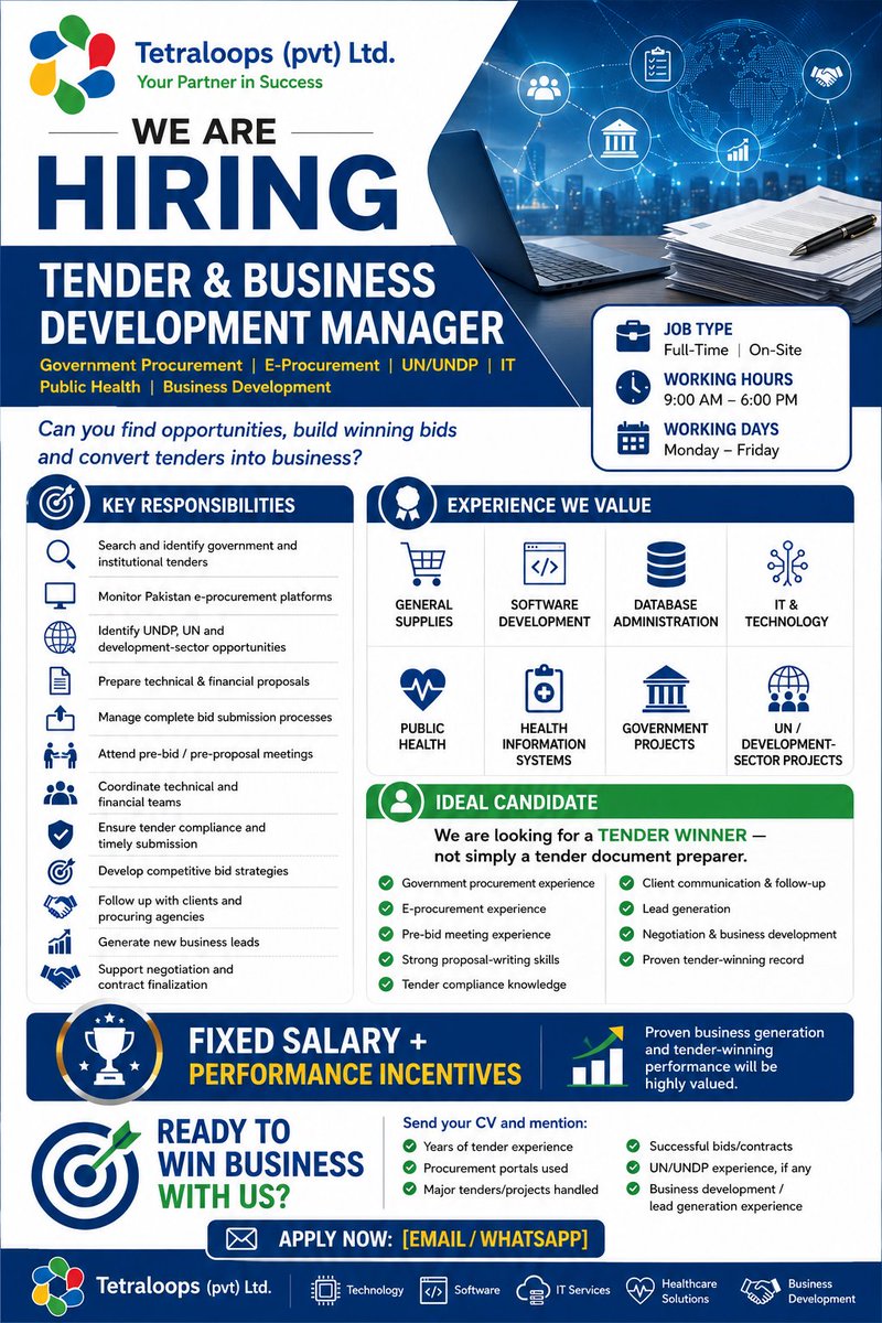Muhamma90631212's tweet photo. TetraLoops (Pvt) Ltd. is looking for an experienced and result-oriented professional to join our team as a:

💼 Tender &amp; Business Development Manager

Full-Time | On-Site | 9:00 AM – 6:00 PM | Monday–Friday
#Hiring #TenderManager #BidManager #BusinessDevelopment #GovernmentTender https://t.co/TFPtyUYXsU
