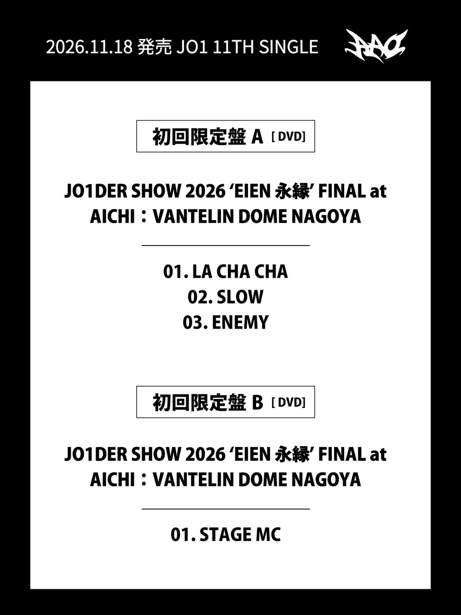 official_jo1's tweet photo. 2026年11月18日発売11TH SINGLE『AAO』
初回限定盤A、初回限定盤Bに収録されているDVDの収録内容記載にて誤字がございました。

[誤]
JO1DER SHOW 2026 'EIEN 永縁' @ KYOCERA DOME OSAKA

[正]
JO1DER SHOW 2026 'EIEN 永縁' FINAL at AICHI：VANTELIN DOME NAGOYA

お詫びして訂正いたします。
https://t.co/P728TQjp4a