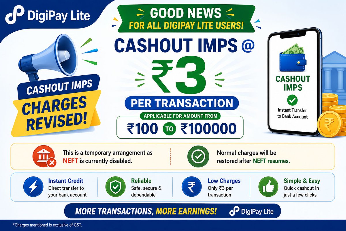 uditsharma60's tweet photo. 📢 Good News for DigiPay Lite Users!
💰 Cashout IMPS @ ₹3 per transaction for amounts from ₹100 to ₹1,00,000.
This is a temporary arrangement while NEFT is disabled. Normal charges will be restored once NEFT services resume.
#CSC #DigiPay #AePS #UPI https://t.co/o8I0ZGYA7O