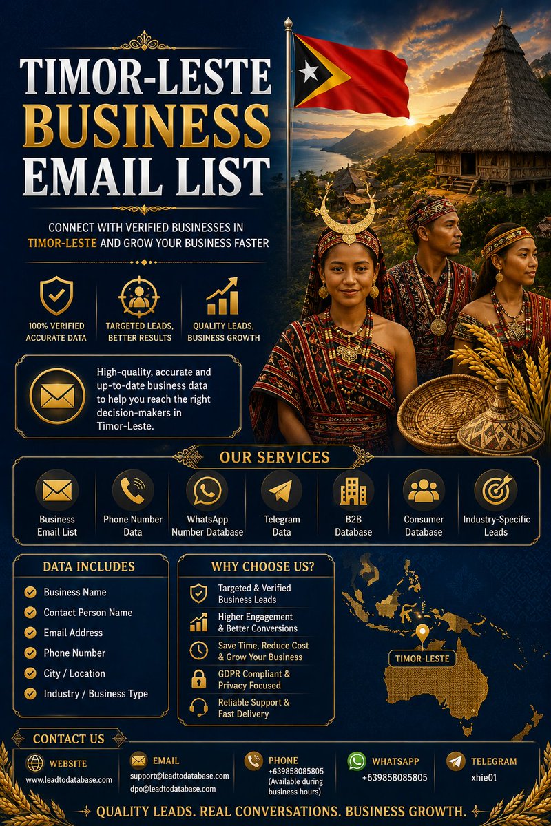 LeadToDatabases's tweet photo. #b2bdatabase
#consumerdatabase
#emaildatabases
#phonenumberlists
Timor-Leste Business Email List helps businesses reach relevant companies, connect with decision-makers, and generate quality B2B leads.
Whatsapp: +639858085805
Telegram: @xhie01
https://t.co/3uB76M7tvS https://t.co/7vWBGob3Nf