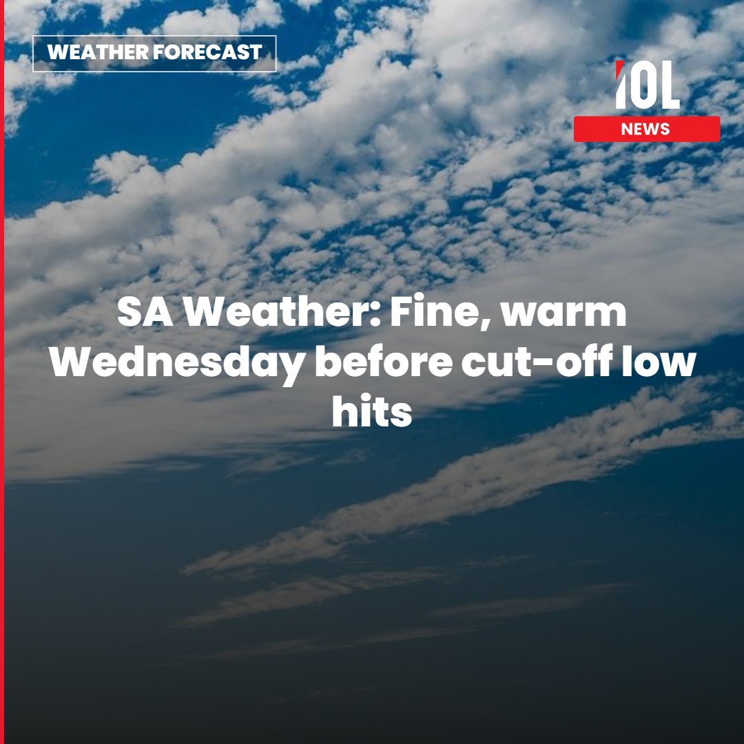 IOL's tweet photo. South Africa can expect another largely settled spring Wednesday, with fine and warm conditions dominating most of the country.
Read on https://t.co/GRLKs84Klt
#news #WarmWednesday #CutoffLow #FineConditions #SAWeather https://t.co/FvUhsPufZW