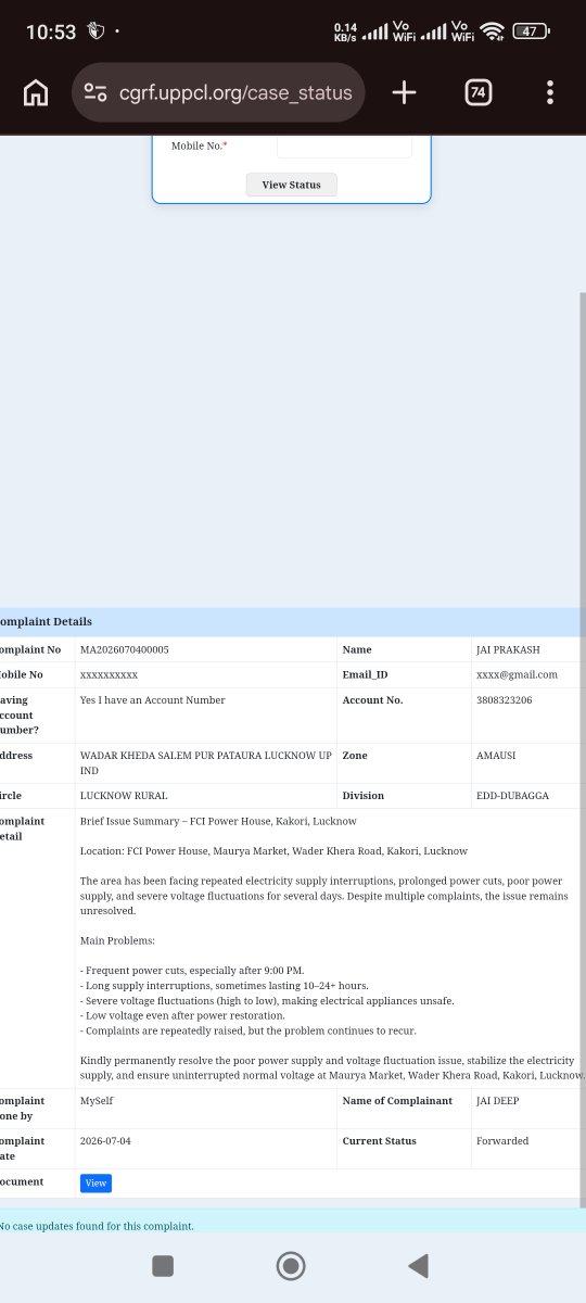 Humanbeingg100's tweet photo. @UPPCLLKO @CMOfficeUP @EMofficeUP @aksharmaBharat @mduppcl 🚨 FCI Power House, Kakori, Lucknow | Wader Khera Road. 
CGRF complaint pending 2 months ❌
1912 complaints closed without resolution ❌
Lineman misbehaves when contacted 🚨
@CMOfficeUP @EMofficeUP @UPPCLLKO @ZoneAmausi @MVVNLHQ @myogiadityanath @aksharmaBharat @AKSharmaOffice https://t.co/JmnsPCrrmW