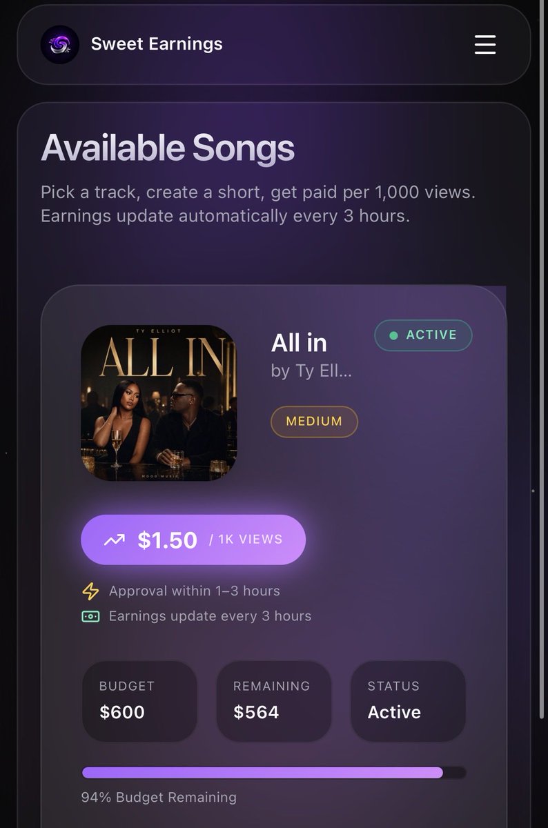 sweetearnings's tweet photo. Creators are already making videos and pushing the track on TikTok. 

💰 $1.50 CPM
🎬 Create &amp; earn
📈 Get paid for your views

Join the campaign now https://t.co/kvwmu01CBV