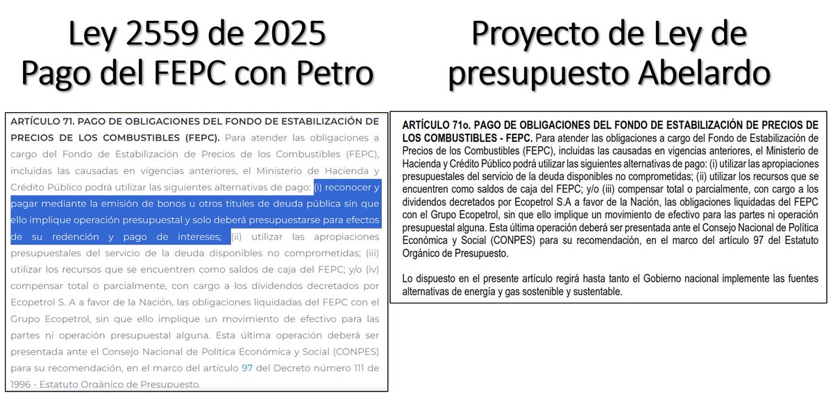 coroneljecl's tweet photo. Las mentiras del @MinHacienda @miguel_gomez_m 

1. Dijo que el presupuesto presentado era austero. Un presupuesto que supera en $59,3 billones al que había dejado radicado el gobierno de @petrogustavo y que eleva la deuda en $37,4 billones y sube el gasto de funcionamiento en $24,9 billones, no revela NINGUNA AUSTERIDAD (gráfico 1).

2. Dijo que el monto había crecido porque el gobierno @petrogustavo había omitido cifras, como el pago del Fondo de Estabilización del Precio de los Combustibles (FEPC). MENTIRA. 

Lo que ocurre es que @petrogustavo no pagaba el déficit del FEPC con cargo al presupuesto, en cambio Abelardo sí lo quiere hacer. Cuando eliminan la alternativa que permitía pagar con TES (bonos de deuda) y deciden pagarlo del presupuesto, pues les toca incluir el monto a pagar ($9,6 billones); pero es una decisión que tomó el gobierno de Abelardo, de tal manera que no es una omisión del gobierno @petrogustavo, quien estaba cumpliendo la ley 2559 de 2025 (gráfico 2).

3. Dijo que otros valores no incluidos eran:

Gastos de personal: $4,5 billones
Pensiones: $6,5 billones
Salud: $2 billones

Primero, estos rubros estaban presupuestados, lo que ocurre es que al nuevo gobierno le podrán parecer insuficientes y por eso los aumenta. Pues bien, ahora le tocará explicar:

a. ¿Por qué subieron los gastos de personal? ¿Van a crecer la nómina?
b. ¿Por qué aumentan las pensiones? ¿Cuántos nuevos pensionados se proyectan? o será que les están ahorrando a los fondos los traslados de recursos que deben realizar a @Colpensiones y ahora los hará el gobierno con recursos públicos para permitirles a los fondos seguir con sus capitalizaciones y ganancias.
c. ¿Qué obligación específica de salud por $2 billones no estaba contemplada en el proyecto anterior? ¿O estamos hablando simplemente de que el nuevo Gobierno considera insuficiente la apropiación para buscar la manera de ayudarles a las EPS vía aumento de la UPC? Nuevamente son recursos públicos dirigidos a privados. Vaya, vaya... economía de mercado como lo llaman algunos, neoliberalismo puro, el mismo que marchita el Estado social de Derecho (gráfico 3).

4. Sugiere que @petrogustavo endeudó al país y que la situación fiscal es crítica; pero no le da vergüenza mostrar una gráfica donde claramente se observa que quienes endeudaron a la Nación fueron Santos y Duque y que @petrogustavo estabilizó la deuda. Le duele reconocerlo y por eso prefiere mentir (gráfico 4).

5. Dice que "sinceran" la deuda. MENTIRA. Lo que hacen es endeudarse más y NO HACER GESTIÓN DE LA DEUDA. Renuncian a ellos, se cruzan de brazos.

Conclusión: está muy fácil demostrar las mentiras del nuevo gobierno. Lo que quieren es que el Congreso les apruebe un presupuesto cargado de deuda para dejar a la Nación hipotecada con el sector financiero y entregarle a los privados más NEGOCIOS o pagarles sus DEUDAS.

@PactoCol @Jorge_BastidasR @ClaraLopezObre @carolinacorcho @DanielRMed @DCoronell @AidaAvellaE @wilsonariasc @AlfreMondragon @AlejoToroAnt @alejoocampog @Zuluagakame @MonederoJC @CelsoTeteC @osoriosantiago @AntonioSanguino @MafeCarrascal @delmarpizarro @PizarroMariaJo @albertobemo @GustavoBolivar @MeDicenWally @cofradiacambio