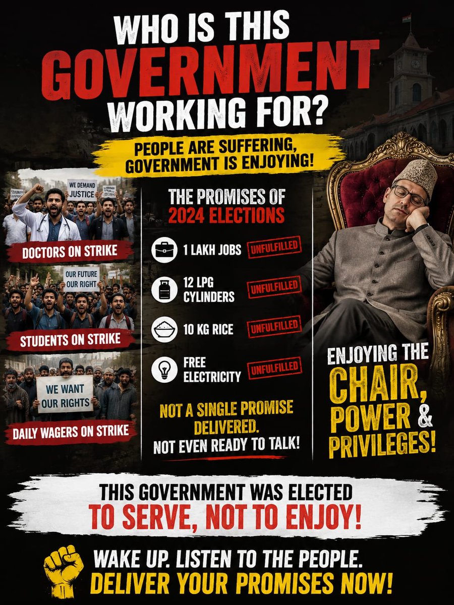 prthsharma006's tweet photo. Doctors, students &amp; daily-wagers are on the streets, yet the @JKNC_ Govt remains asleep.

The 2024 promises—1 lakh jobs,12 LPG cylinders, 10 kg rice &amp; free electricity—remain unfulfilled.

Forget delivery, @OmarAbdullah won’t even discuss them.
Wake up CM sb, listen to the people https://t.co/nrrSwk3hpi