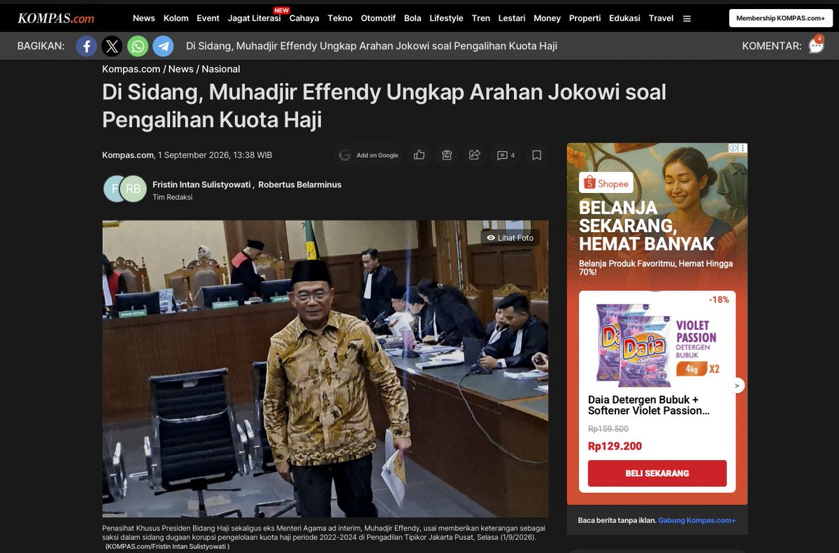 Stakof's tweet photo. Kalian mungkin melewatkan keterangan Pak Muhadjir Effendy ini.

Pada sidang 1 September 2026, Pak Muhadjir bercerita tentang masa jabatannya sebagai Menteri Agama ad interim, yaitu menteri sementara, pada 2022.

Saat itu, tambahan 10.000 kuota datang sangat mendadak. Kemenag menyatakan tidak sanggup memakainya untuk haji reguler, yaitu jalur haji yang dikelola pemerintah.

Tambahan biaya harus dibahas bersama DPR, sementara hotel, konsumsi, dan layanan di Armuzna juga belum siap. Armuzna adalah singkatan dari Arafah, Muzdalifah, dan Mina, tiga lokasi utama rangkaian ibadah haji.

Apa yang dilakukan Pak Muhadjir?

Karena hanya menjabat sebagai menteri sementara, ia berkonsultasi kepada Presiden Jokowi. Presiden mengizinkannya mengajukan permohonan agar kuota tersebut dialihkan menjadi visa Mujamalah, yaitu visa undangan dari Kerajaan Arab Saudi.

Pak Muhadjir lalu mengirim surat kepada Pemerintah Arab Saudi. Peristiwa itu terjadi pada 2022, bukan 2024.

Namun, ada satu hal yang bagi saya tidak bisa diabaikan: kuota tambahan memang tidak hadir sebagai angka yang tinggal dimasukkan ke tabel 92:8, yaitu 92 persen untuk haji reguler dan 8 persen untuk haji khusus.

Haji khusus diselenggarakan melalui PIHK (Penyelenggara Ibadah Haji Khusus), yaitu biro perjalanan berizin yang menyelenggarakan haji khusus.

Ada waktu, biaya, pembahasan bersama DPR, kesiapan layanan di Saudi, keselamatan jemaah, dan arahan Presiden yang harus pula dipertimbangkan.

Itulah mengapa tim hukum Gus Yaqut meminta asal-usul kuota tambahan 2024 diurai sejak awal: Siapa yang meminta? Siapa yang berunding dengan Saudi? Kapan keputusan itu sampai ke Kementerian Agama? Lalu, perbuatan konkret apa yang membuktikan bahwa pelaksana kebijakan ikut merancang kejahatan yang dituduhkan?

Pada 2022, kuota mendadak itu tidak dapat dipakai untuk haji reguler dan dicoba dialihkan ke mujamalah. Pada 2024, tambahan 20.000 kuota dipakai dengan pembagian 10.000 reguler dan 10.000 khusus, lalu kebijakannya menjadi perkara pidana.

Sejak kapan keputusan administratif seperti ini menjadi kejahatan? Sejak kapan kebijakan bisa menjadi pidana? Kalau setiap kebijakan dipidana, ini jadi preseden buruk di masa datang: pejabat tidak akan berani mengambil keputusan.

"Kan dari sana ada praktik korupsi?"

Betul, tapi dari LHP yang diberikan KPK, ternyata tidak jelas bukti aliran dana itu ke Gus Yaqut, lewat siapa, kapan diberikan, dan di mana.

Sementara pelaku yang lain sangat detail, kenapa bukti Gus Yaqut tidak ada penjelasan seperti itu?

Kasus Gus Yaqut ini menarik.

Menarik karena aneh.