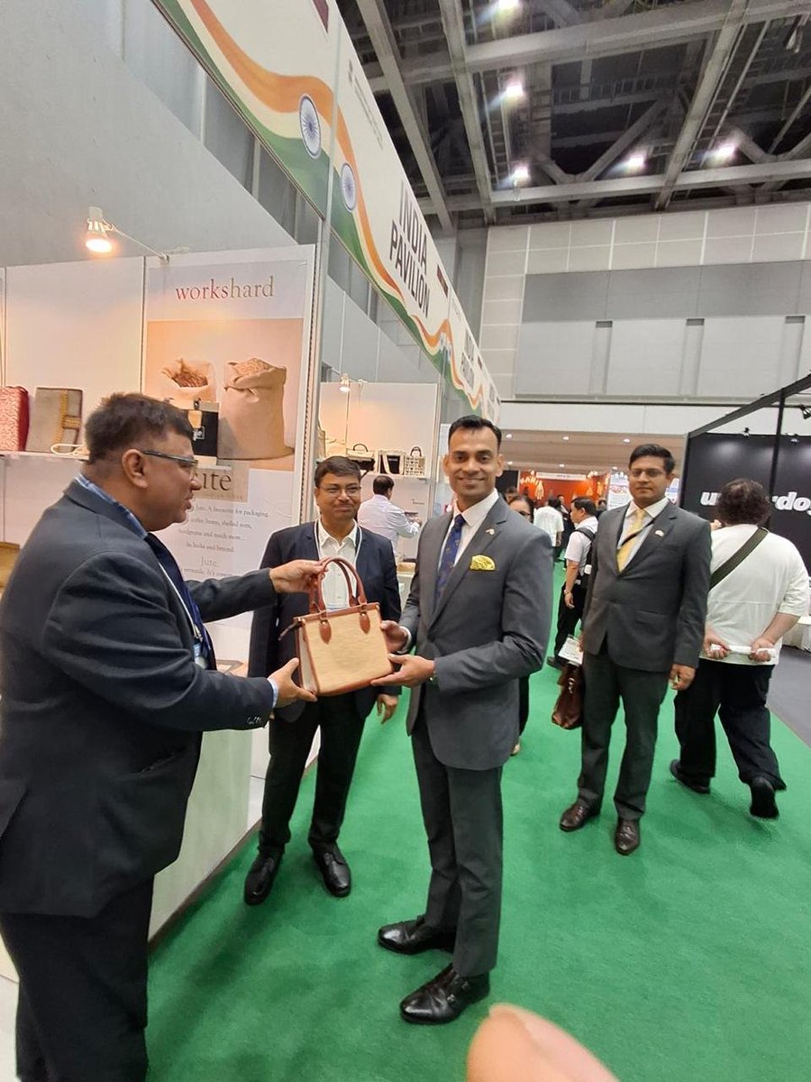 JuteBoard's tweet photo. Shri R. Madhusudhan, Deputy Chief of Mission, Embassy of India, Tokyo inaugurated the India Pavilion on 02.09.2026. Shri Madhusudhan intimately parleyed with participating exhibitors, admiring their wares while eulozing NJB for presenting a magnificent India Pavilion at the show. https://t.co/dnL0GWxgte