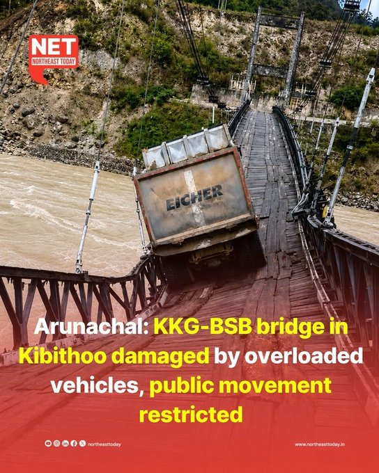 SorangAnia's tweet photo. Public movement over the KKG-BSB Bridge at Krowti, Kibithoo Circle, has been temporarily restricted after the bridge was damaged by the movement of overloaded vehicles. #ArunachalPradesh #Kibithoo #Bridge #Northeast #RoadSafety https://t.co/NqlcorjQOb