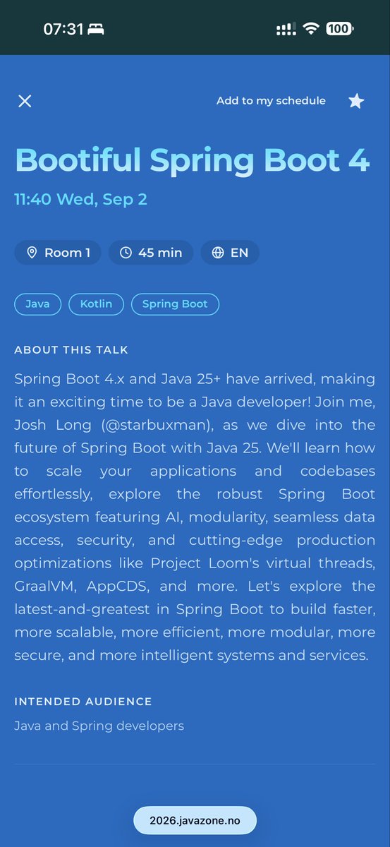 starbuxman's tweet photo. Hei @javazone ! You’ve got a ton of amazing choices today but I hope you’ll join me at 11:40 am in room 1, where we’ll look at the latest and greatest in the wide and wonderful world of Springs Boot 4.x! #Javazone https://t.co/uNTmBaCVjy