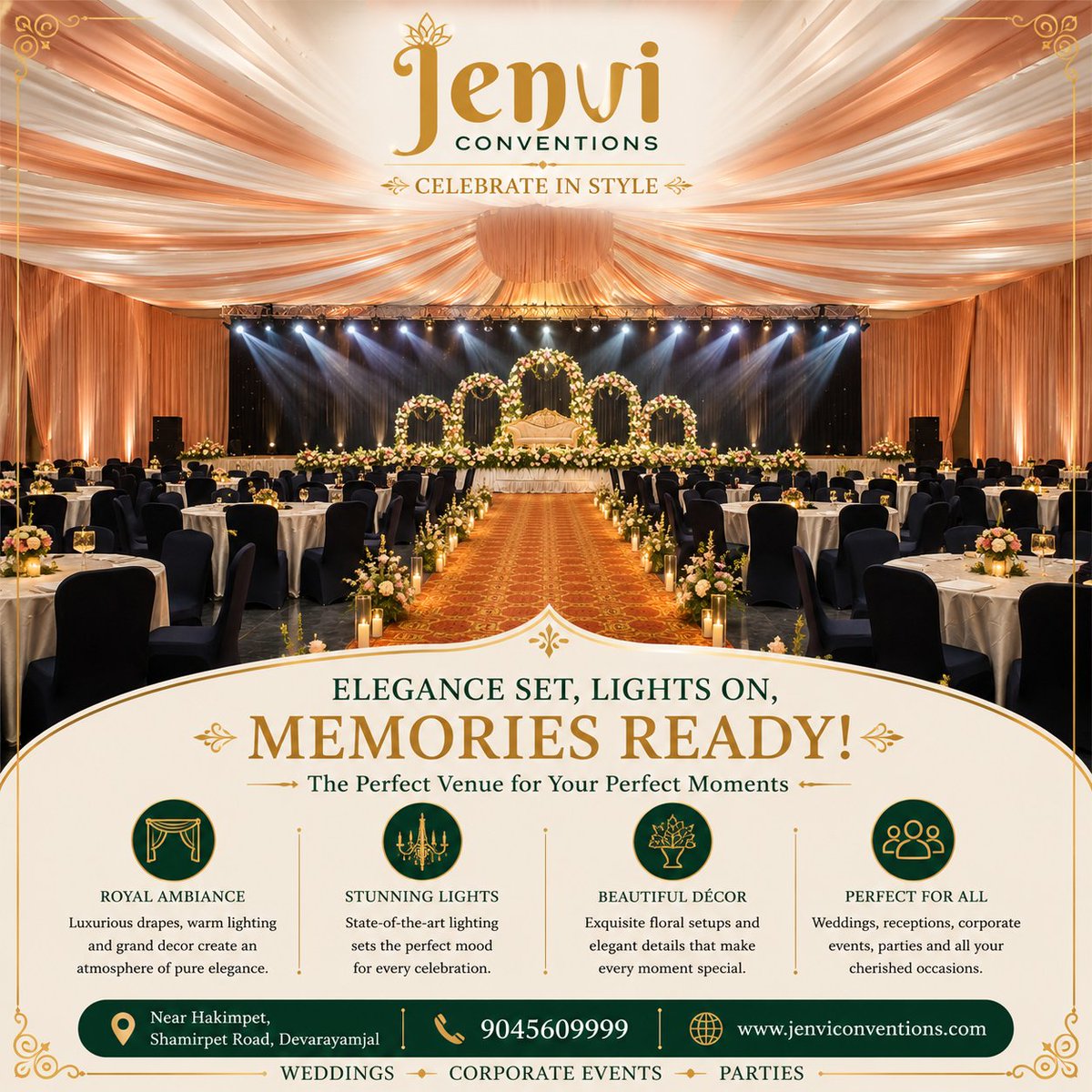 JenviConvention's tweet photo. Elegance set, lights on, Memories ready!

Contact us now &amp; Book your slots in advance: 9045609999

Location: Devaryamjal, Near Hakimpet, Shamirpet Road

#Platinumhall #JenviConventions #IndianWedding #Bride #Groom #Weddingvenue #CorporateEvents #Parties #Seating https://t.co/aGRCamEnq8