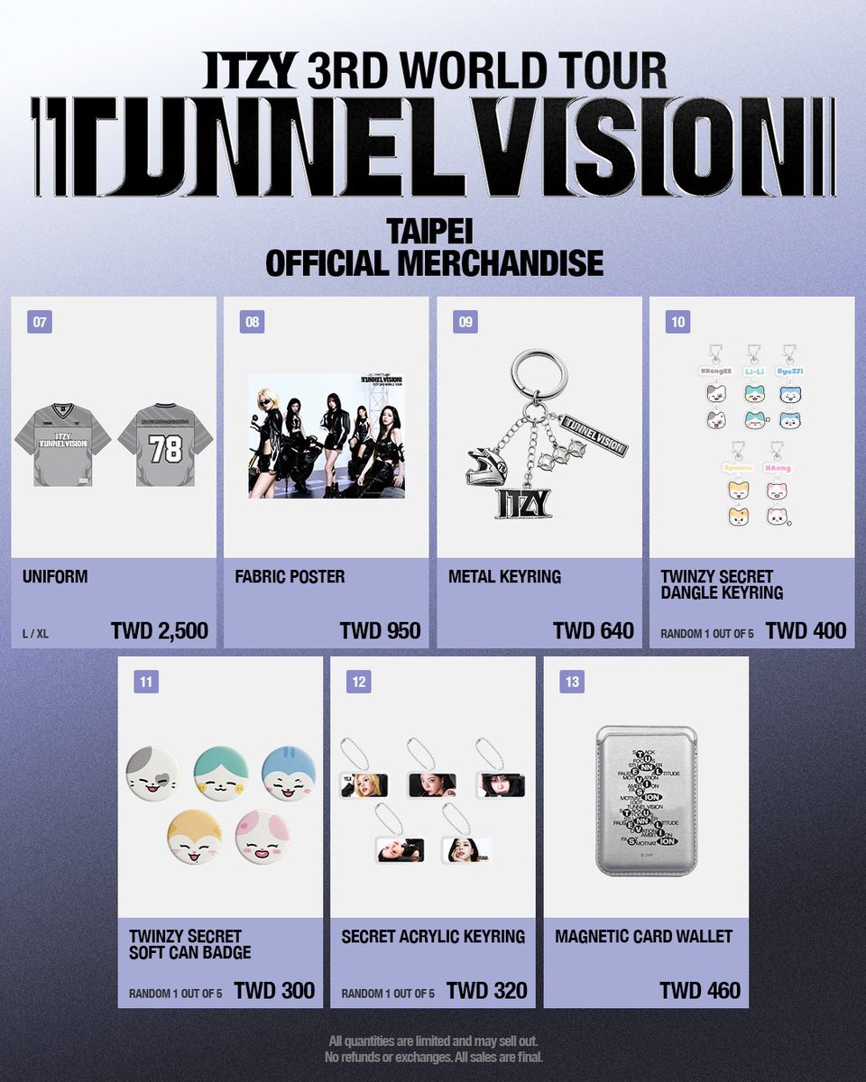 LiveNationTW's tweet photo. ITZY 台北場官方周邊公布 📣 Official Merchandise! 

ITZY 3RD WORLD TOUR <TUNNEL VISION> in TAIPEI

➤ 購買及入場辦法｜https://t.co/xaE5IsazLp
➤ BUY &amp; ENTRY NOTICE｜https://t.co/0QsIcxEPNF

#ITZY #MIDZY @ITZYofficial
#ITZY_TUNNELVISION #ITZY_TNVS
#ITZY_WORLD_TOUR #LiveNationTaiwan https://t.co/a6ZEMWzaFR