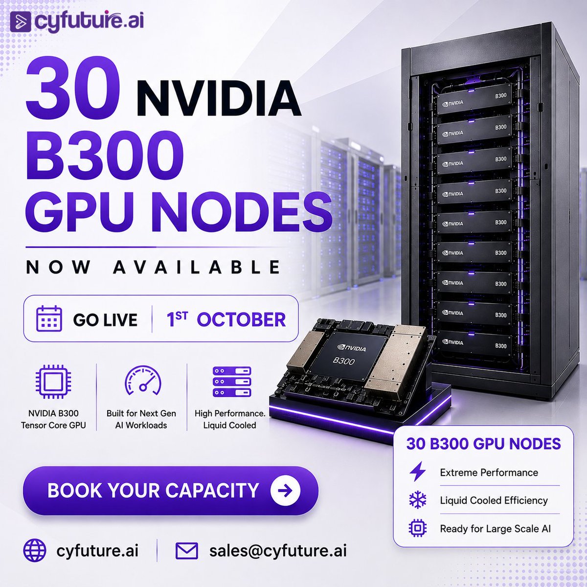 CyfutureAi's tweet photo. 30 NVIDIA B300 GPU Nodes. NOW AVAILABLE

Built for next-gen AI workloads with extreme performance and liquid-cooled efficiency.

Go Live: 1st October

Ready for large-scale AI
Liquid cooled
High-performance GPU compute

Book your capacity today

#NVIDIAB300 #GPUCloud #CyfutureAI https://t.co/rkuCbjMpVJ