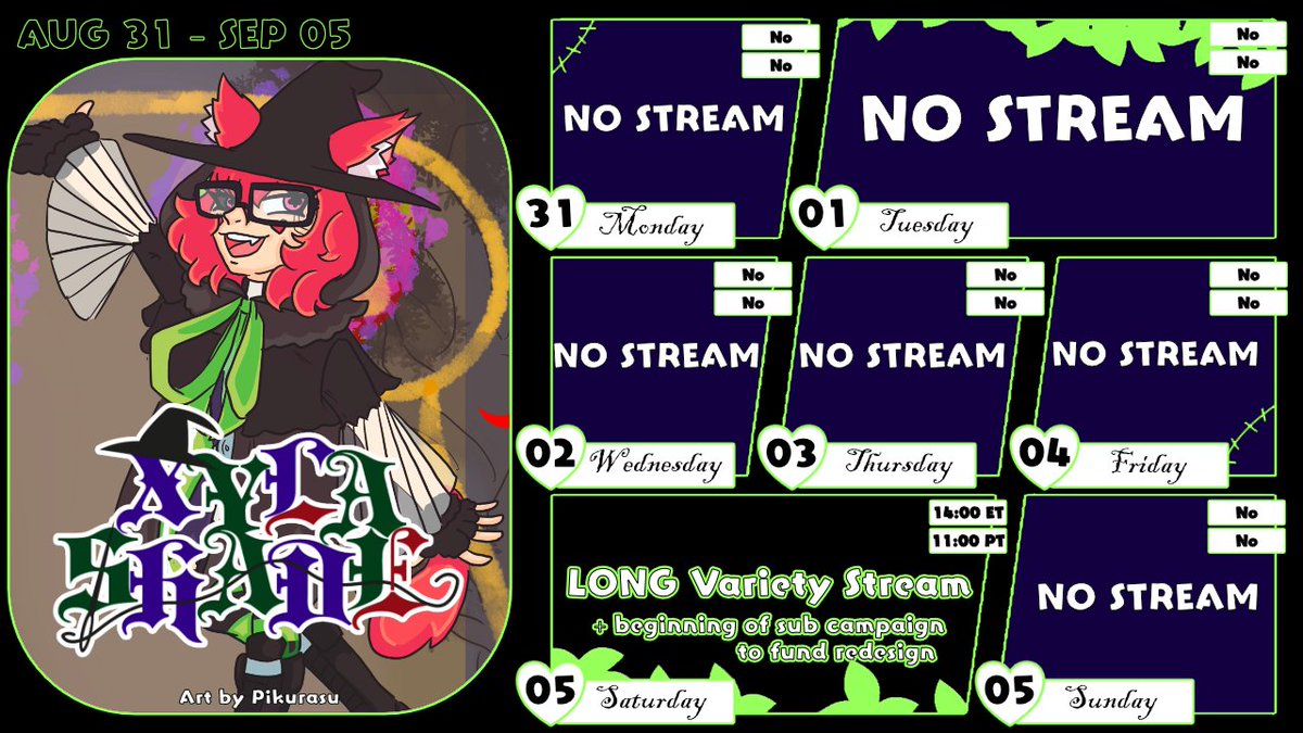 XylaShade's tweet photo. Schedule for the week. Only 1 stream this week but it'll be a long one. I'm also going to be starting a Twitch sub campaign that'll be between all upcoming streams until the goal is reached. I'll go into more detail day of. https://t.co/zE54dSyPS8