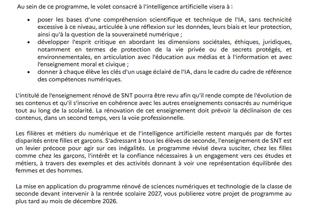 nsi_xyz's tweet photo. Evolution du cours de sciences numériques et technologie (SNT) en Lycée : 
- L'horaire hebdomadaire de SNT sera désormais fixé à 2 heure.  (1h30 avant).
- Projet de programme au plus tard au mois de décembre 2026. https://t.co/UqzG37qVJn