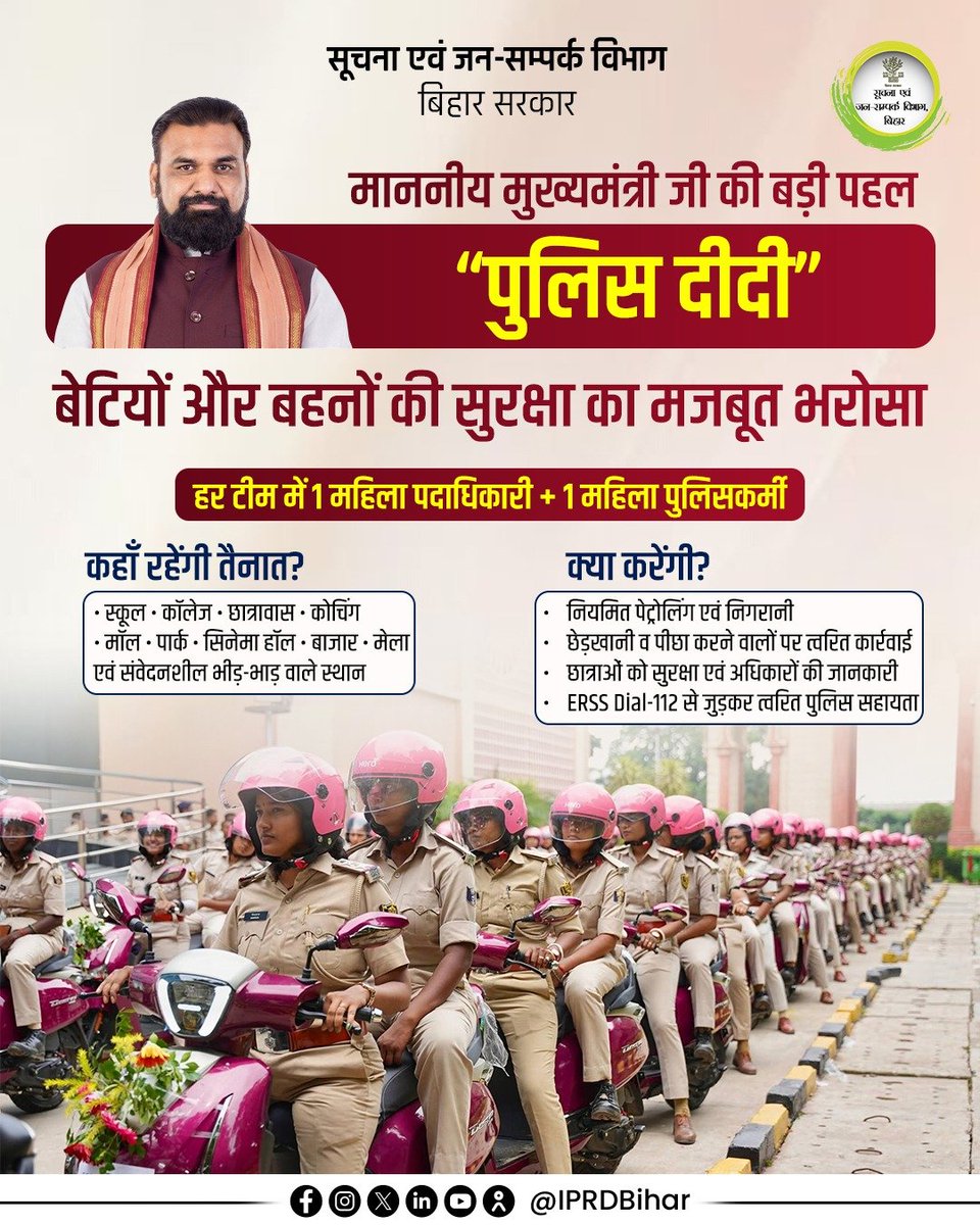 IPRDBihar's tweet photo. माननीय मुख्यमंत्री श्री सम्राट चौधरी जी के नेतृत्व में महिला सुरक्षा को और सशक्त बनाने की दिशा में 'पुलिस दीदी' पहल महत्वपूर्ण कदम है।

स्कूल, कॉलेज, छात्रावास, कोचिंग संस्थान, बाजार एवं अन्य संवेदनशील स्थानों पर महिला पुलिसकर्मियों की तैनाती से छात्राओं एवं महिलाओं को सुरक्षा का भरोसा मिलेगा।

#PoliceDidi 
#WomenSafety 
#WomenEmpowerment 
#NariShakti 
#SafeBihar