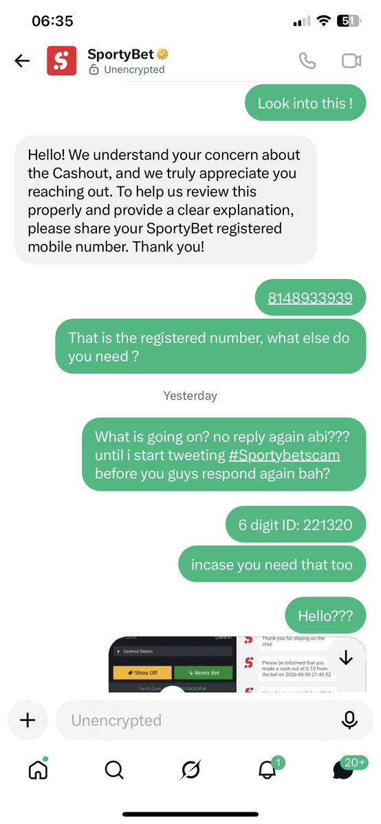 lanrelndn's tweet photo. #BOYCOTTSPORTYBET SPORTY BET SHOULDNT BE TRUSTED!!! Deactivate your accounts on that useless platform!!!

 A FULL BREAKDOWN OF WHAT HAS TRANSPIRED IN THE LAST 45 HOURS! (with evidence to back it up). ⏬

-Frame 1: I made a post on the 31st of august alerting -@SportyBet & -@SportyBetNG about a missing ticket on my dashboard, even before my ticket got settled, that was the only time they replied me... as seen in Frame 2

Frame 3: PROOF THAT EVEN IF I ACCIDENTALLY CLICKED THE CASHOUT OPTION FOR 0.10 kobo (which i did not) the app still asks for a confirmation to be sure i want to proceed.

I called Sportybet customer care as they've refused to reply me on the app or respond to me on twitter as seen in frame 4... and they Hung up on me after saying there was nothing they could do for me 

I IMPLORE NIGERIANS TO TREND THE HASHTAGS #BoycottSportybet #SportybetIsScam in the comments because this is a ploy to rip bettors on their platform, mind you since my posts i've seen up to 10 similar cases, PAY ME MY MONEY THIEVES!!!!!