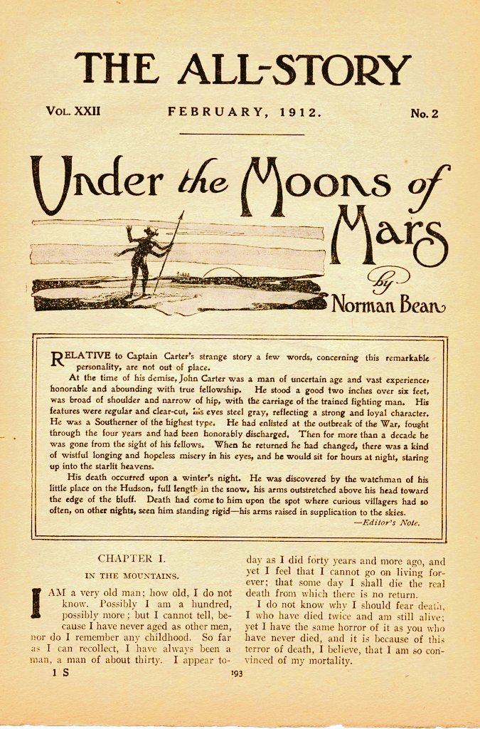 LibrosVintage's tweet photo. Poco antes de crear Tarzán (oct 1912), Burroughs había publicado en la revista pulp #TheAllStory la primera historia de #JohnCarter de Marte, otro de sus grandes personajes.
'Under the Moons of Mars'
The All-Story Magazine, February 1912
https://t.co/NxGQ0UEQ3M https://t.co/rJgWjmqupQ