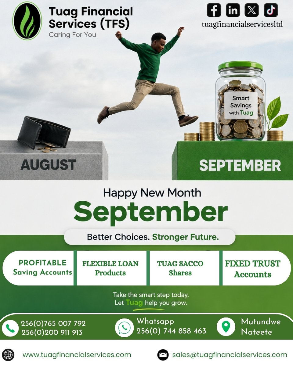 Tuagfinance's tweet photo. Make this September count. Choose smarter financial decisions: save profitably, access flexible loans, invest in TUAG SACCO shares, and build with Fixed Trust Account.
📞 0765 007 792 | 0200 911 913
💬: 0744858463
📍 Mutundwe–Nateete
#Uganda #Savingmoney #Investing #Finance https://t.co/XVYIONk42h
