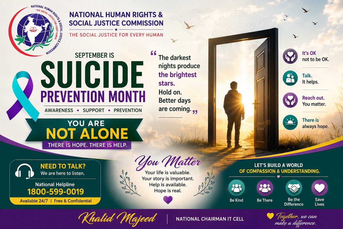scorpiokhalid's tweet photo. SEPTEMBER IS HERE 💜
Suicide Prevention Awareness Month A Month to Raise Awareness, Spread Hope, &amp; Remind Someone That They Are Not Alone. 
Let’s Talk. 
Let’s Listen. 
Let’s Support.
#SuicidePreventionAwareness 
#NHRSJC . 
#SuicidePreventionAwareness 
#NHRSJC https://t.co/oWVndgQ9gc