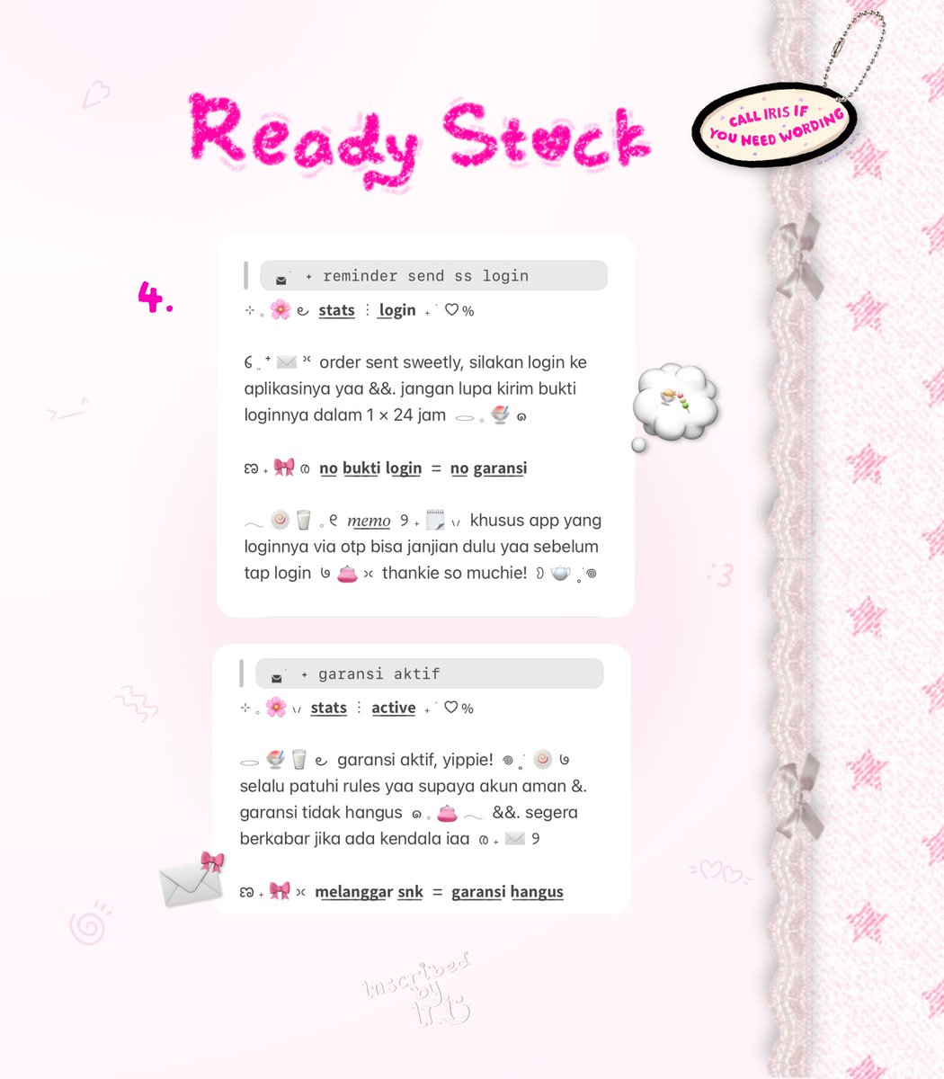 wordinh's tweet photo. ⠀
𝘁𝗮𝗽 𝗿𝗲𝗽𝗼𝘀𝘁 𝗷𝘂𝘀𝗲𝘆𝗼  ..  ♡%

🌸🍥  back in stock! @ < BUNDLE SS LOGIN + GARANSI AKTIF WORDING >  ✉️  hanya 9.500 koin per bundle yaa  👛  &amp;&amp;. bisa req ganti emoji iaa ba—lings!  🎀  kindly dm to adopt  🍧  

tags  :  #bealanja rs ready stock https://t.co/Ak6JdbKfzr