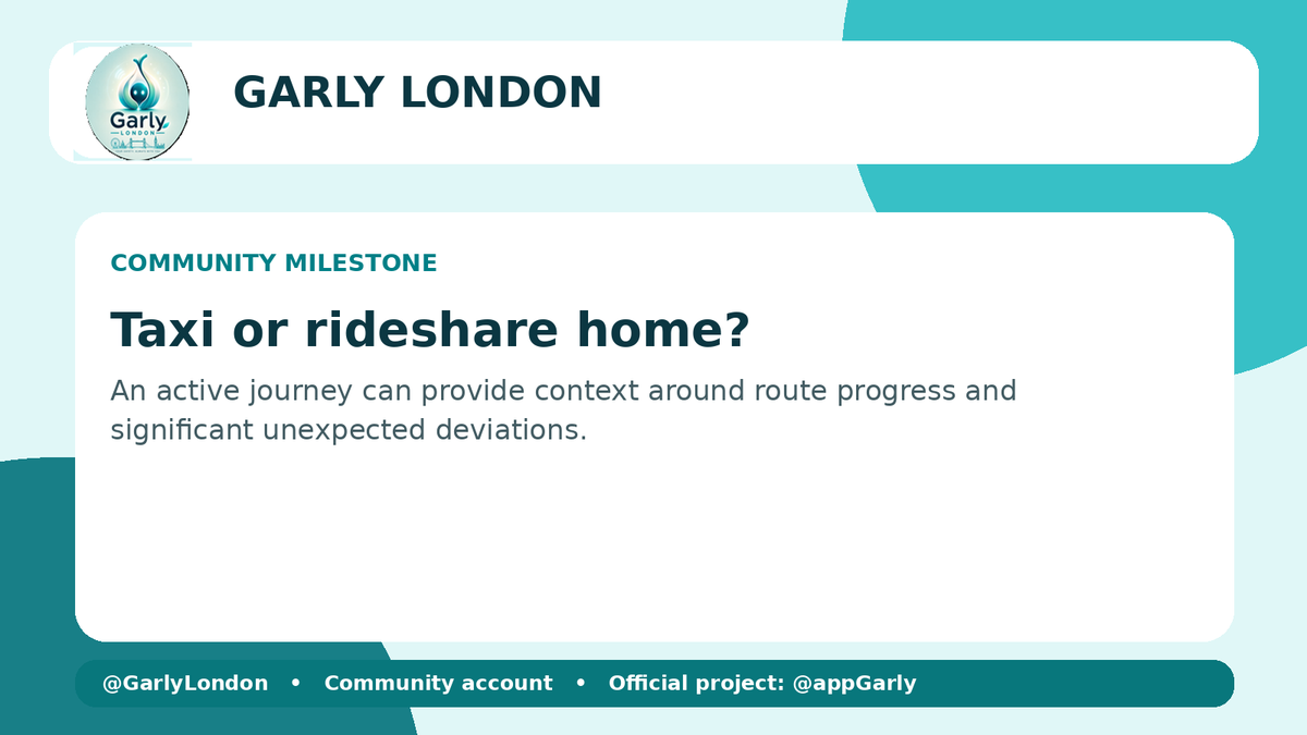 GarlyLondon's tweet photo. Taxi or rideshare home?
 
An active journey can provide context around route progress and significant unexpected deviations, subject to the permissions and features you enable.

#London #PersonalSafety https://t.co/79yuYg1iha