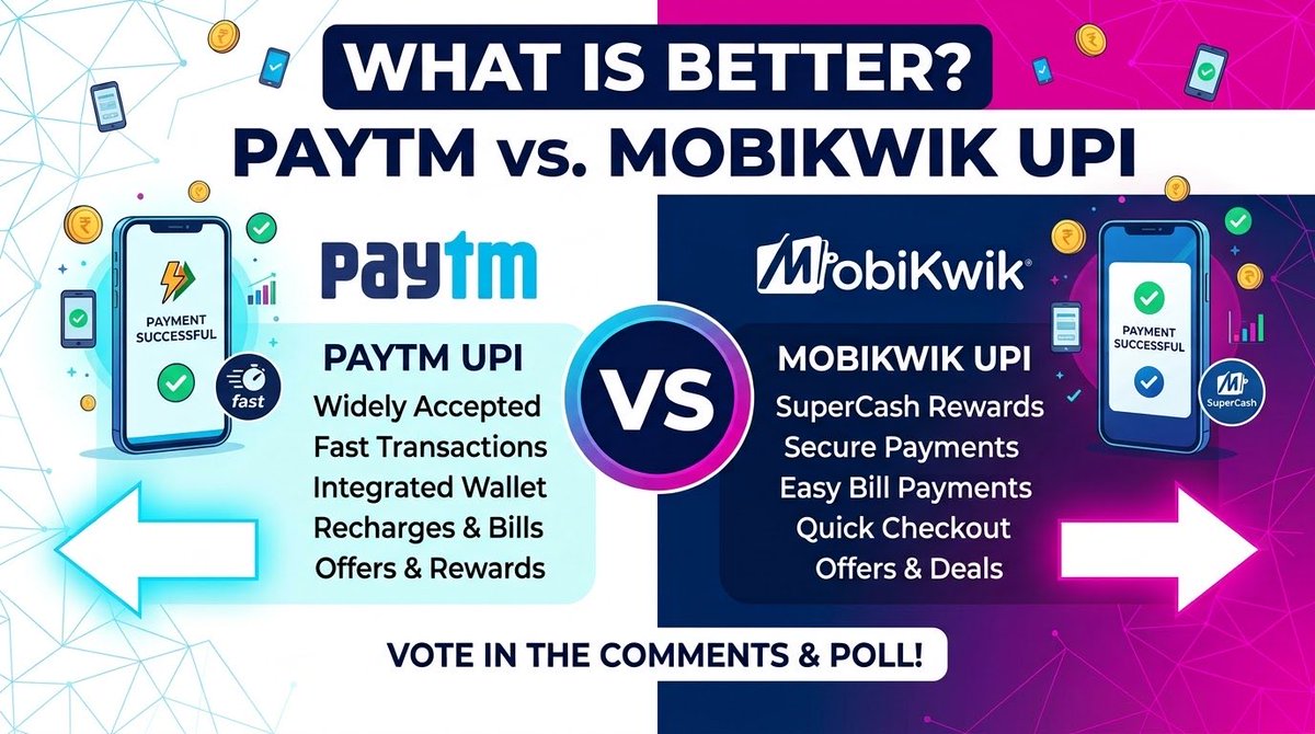 onlyjatinarora's tweet photo. Paytm or MobiKwik: Which UPI app do you rely on more for daily payments and rewards? ⚡
Drop your pick in the comments! 👇
#Paytm #MobiKwik #PaytmVsMobiKwik #UPI #UPILife #DigitalPayments #Fintech #IndianTech #DigitalIndia #Cashback #SuperCash #PaymentApps #OnlinePayments #FintechIndia #PollOfTheDay