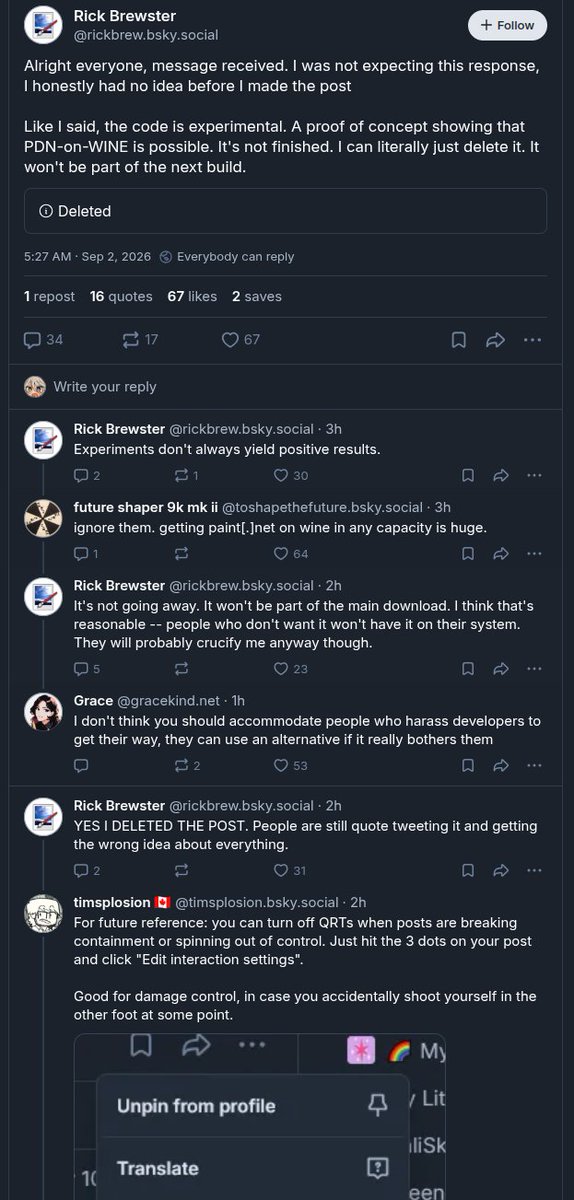 bee_fumo's tweet photo. Rickbrew creator of paint dotnet wanted to use claude to help make paint dotnet work in wine.

The problem did this on bluesky. And if you mention AI there people get extremely angry.

Post is now deleted but archived https://t.co/DQCPOzBfkJ