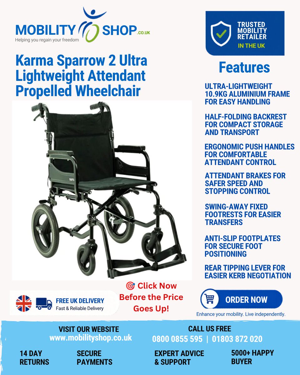 mobilityshop_'s tweet photo. 10.9kg. Sag-resistant seat. Elliptical frame. Ergonomic push handles. Folds to 10". 18.5 stone.
The Karma Sparrow 2. Lightweight without compromise. From £229.99.

https://t.co/1XVwLkup8s

#TransitWheelchair #MobilityAids https://t.co/wFSgqesEfC