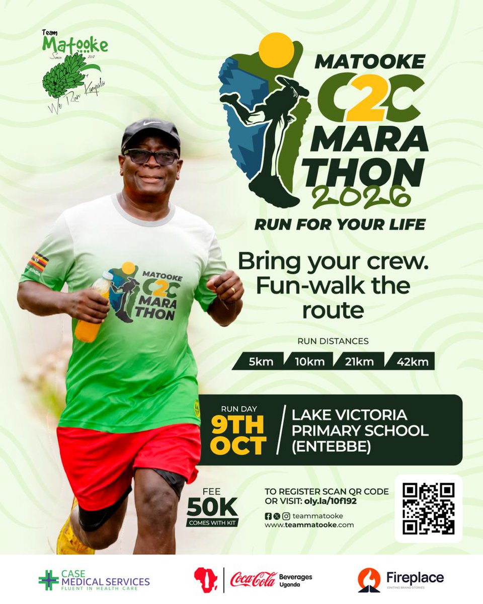 teammatooke's tweet photo. 🔘 Registration Link and Code:

1. https://t.co/NE6d95XwJg
2. *️⃣284*️⃣844#️⃣

👟 Kampala - Entebbe:

Gather your crew. Focus mainly on inclusivity and safety along the way. 

Everyone deserves to enjoy the route without fear of judgment or being left behind.

🏁 Starting Points:

- 42km - Independence Monument, Kampala (6:30am).
- ⁠21km - Voice Mall, Bwebajja (7:00am).
- ⁠10km - Lake Victoria School, Entebbe (7:30am).
- ⁠5km - Lake Victoria School, Entebbe (7:45am).

@CocaColaBevUg @FireplaceAgency @casemedservices #MatookeC2CMarathon #KampalaToEntebbe