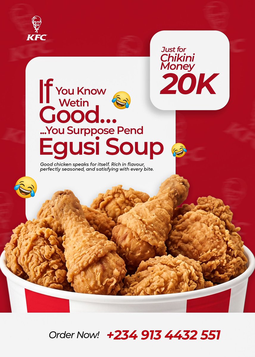 AkinpeluKuham's tweet photo. Let's quench this craving. Enough is enough 😁😂
@kfc knows the way to our hearts.
#visualdesign #brandidentity
#kfcchicken https://t.co/K4nMGmZRDc