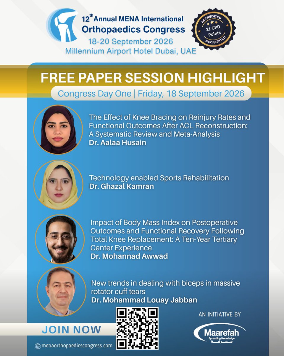 MENAOrthopaedic's tweet photo. Join us on Congress Day One as presenters share their work across sports medicine, rehabilitation, and knee surgery.
Register now: https://t.co/TOE5HqCENl
#MOC12 #MENAOrthopaedicsCongress #Orthopaedics #OrthopaedicResearch #FreePaperSession #MedicalEducation #Dubai #UAE https://t.co/ZIJiLYxNc4