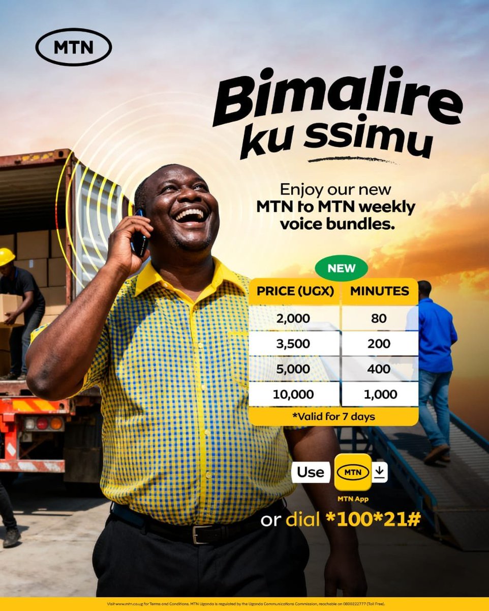 BetAliUg's tweet photo. Got more talk for hours and Keep the conversation going with MTN-to-MTN minutes.

🔹️80 min @ ugx 2000
🔹️200 min @ ugx 3,500
🔹️400 min @ ugx 5,000
🔹️1,000 min @ ugx 10,000 all Valid for 7 days

Dial *100*21# or use the MyMTN App.
#MTNVoiceBundles
#TogetherWeAreUnstoppable https://t.co/VbCoRDQG3j