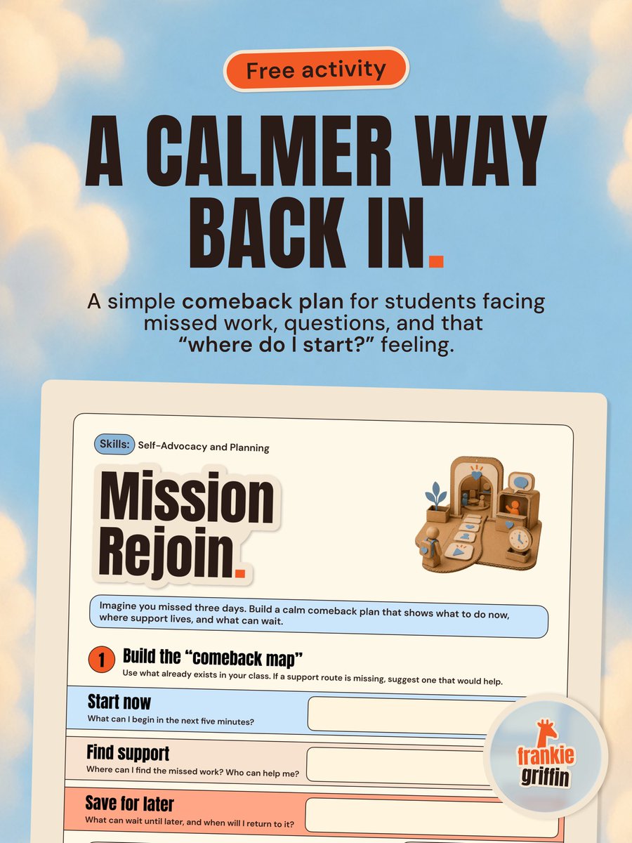 FrankieGStudio's tweet photo. “I missed a few days… where do I even start?”

My ‘Mission Rejoin’ activity helps students turn that overwhelmed feeling into a simple plan. 

✅ What to start now
✅ Where to find support
✅ What can wait

There are also quick tips on the page for using the activity in class, including the partner swap and reflection.

➡️ Download it here: https://t.co/YTHB6nwWQ7

#LearningDesign #StudentSupport #TeacherResources #EducationDesign