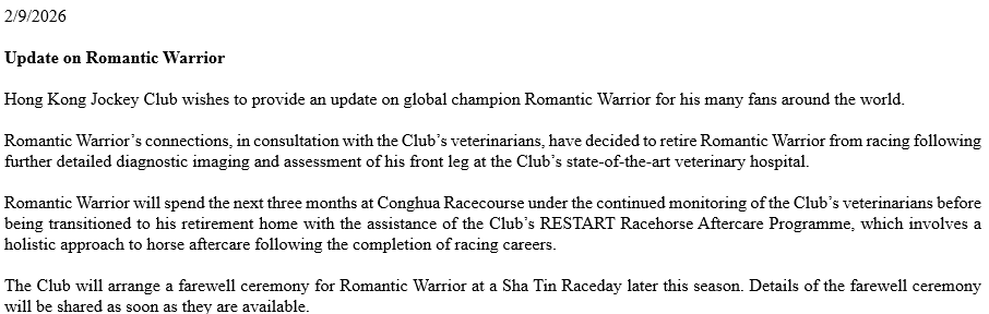 HKJC_Racing's tweet photo. Latest on Romantic Warrior, who has been retired from racing. 💙 https://t.co/5GsQ9MneUX