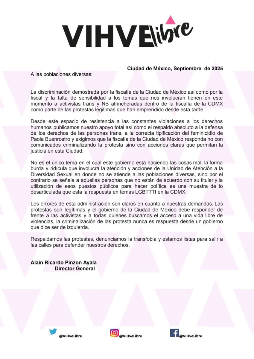 Alainwho's tweet photo. Lo sucedido hoy en la @FiscaliaCDMX es una muestra de lo mal que están articulados los temas LGBTTTI en la CDMX. No hay interés en atender las causas, se busca no hacer exigencias públicas, se utilizan espacios públicos para hacer política y campañas.
La CDMX está inmersa en una dinámica asquerosa en donde se persigue a quienes exigimos mejoras en los servicios públicos, se protege a los funcionarios y funcionarias ineficientes y hoy la respuesta es criminalizar la protesta. 
¡Con todo @CTiresias no están solxs! @VIHveLibre