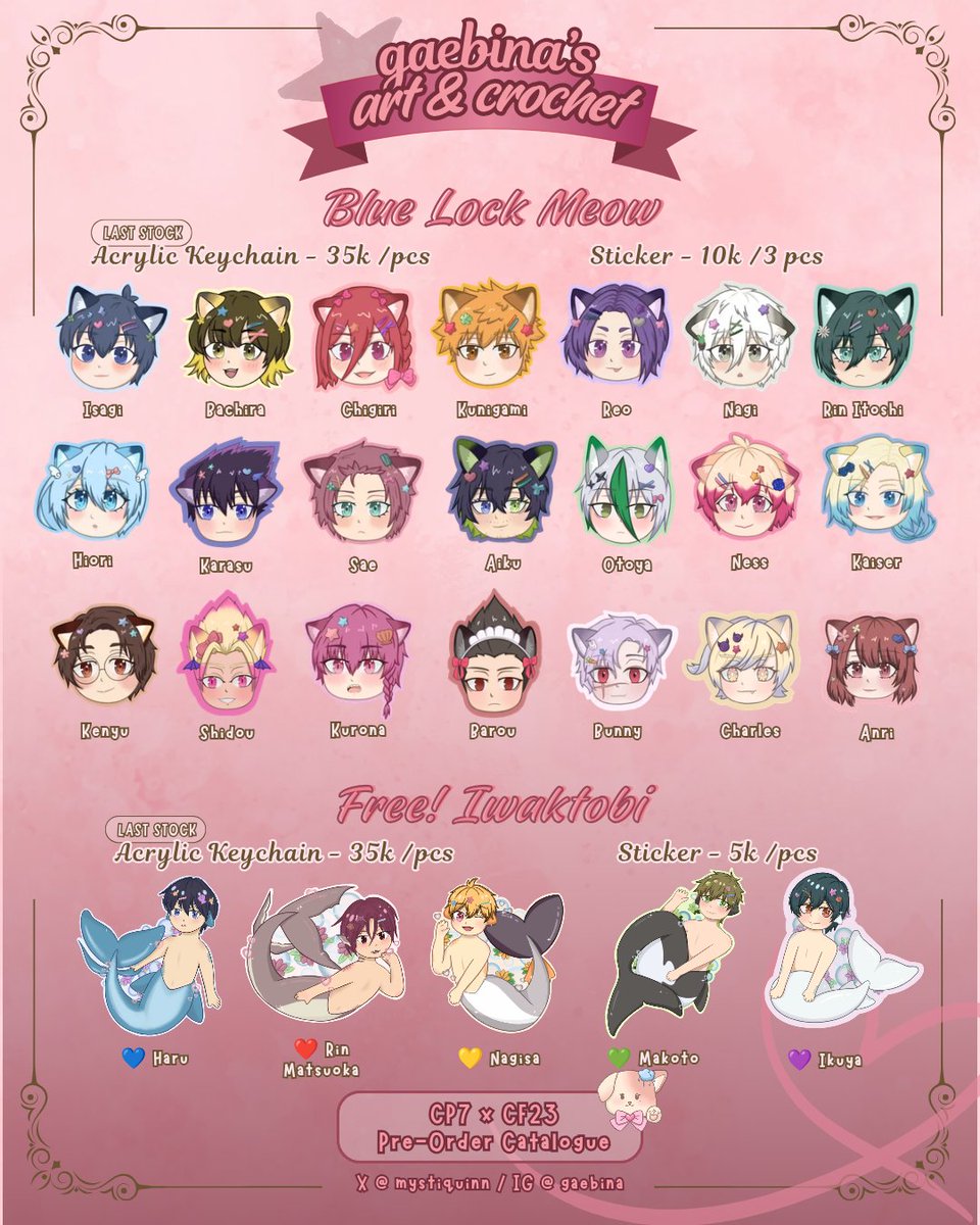 mystiquinn's tweet photo. [💗🔄] gaebina's art &amp; crochet #cp7 + #cf23 pre-order open ! 🐶🌧️

📆 Sept 02-20, 2026
🌟 Blue Lock, Demon Slayer, Chainsaw Man, Free!, Crochet, Beads Phone Strapz YCH
📦 Pick up both days / Mail order
🔗 https://t.co/FqMmhFUwIU

More catalogue 👇🏻
#comipara7 #comifuro23 https://t.co/ZOmqk9jlfZ