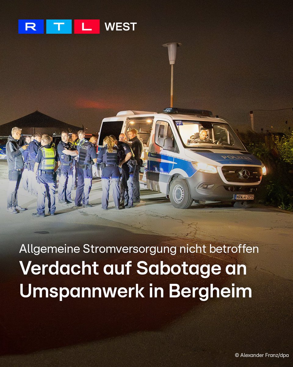 RTLWEST's tweet photo. In einem #Umspannwerk in #Bergheim (Rhein-Erft-Kreis) ist es am Dienstagabend (01.09.) zu einem #Kurzschluss gekommen. Mehrere Leitungen fielen aus. Die #Polizei geht inzwischen davon aus, dass die #Störung vorsätzlich verursacht wurde. Es wird nun wegen einer möglichen #Straftat ermittelt.
Die allgemeine #Stromversorgung war laut dem #Übertragungsnetzbetreiber nicht betroffen. Die Hintergründe sind noch unklar.