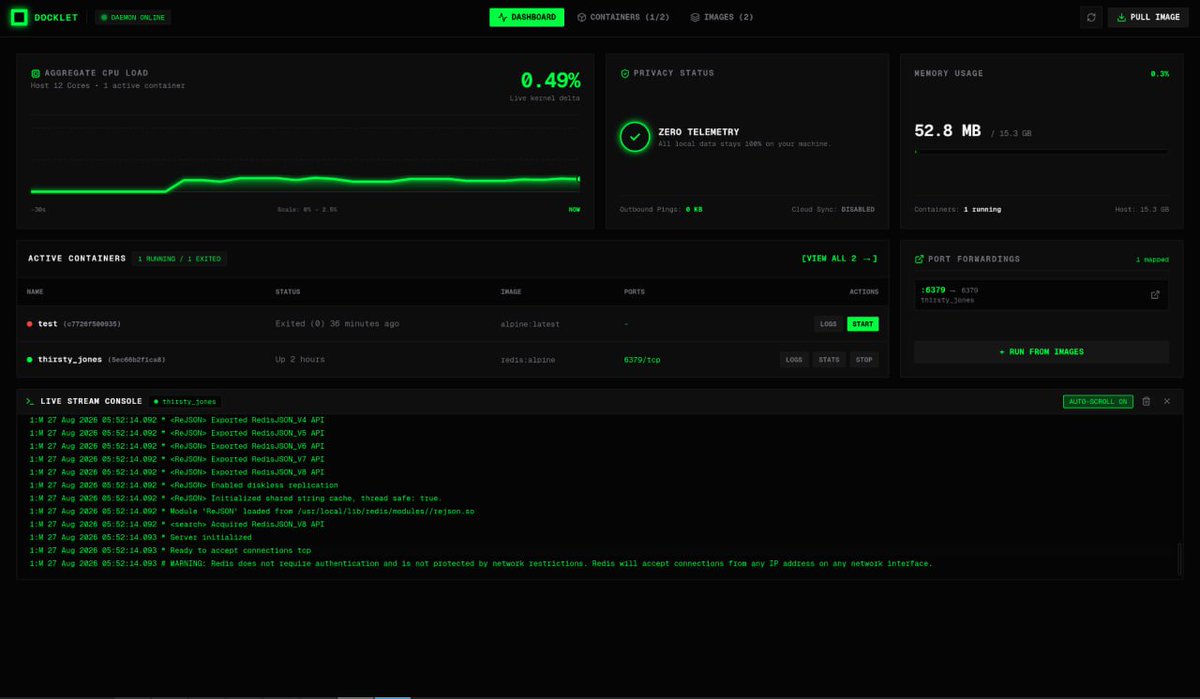 RBekele192122's tweet photo. Introducing Docklet, an open-source  client for managing Docker locally made using Wails

Monitor system metrics, manage containers, view port mappings, and more from a lightweight interface.

Available for Linux, macOS, and Windows.

GitHub: https://t.co/GFO39X4Yww
@wailsapp https://t.co/5ODUkba6s6